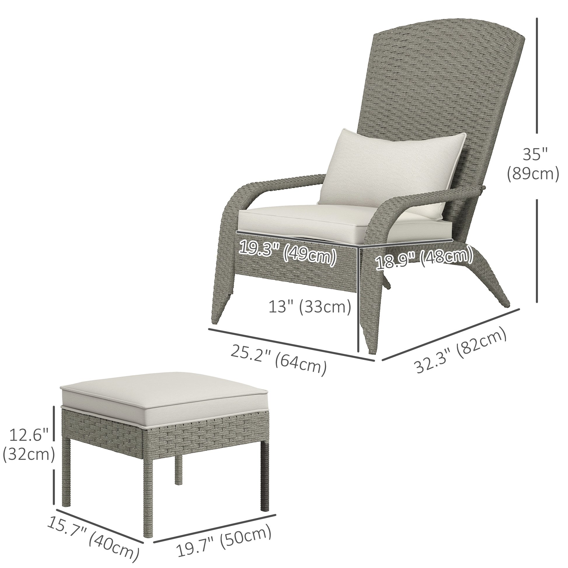 Wicker Adirondack Chair with Ottoman, Patio Cushioned Muskoka Chair, Outdoor Fire Pit Chair with High-back and Armrests, for Deck, Garden, Backyard, Grey/Cream White