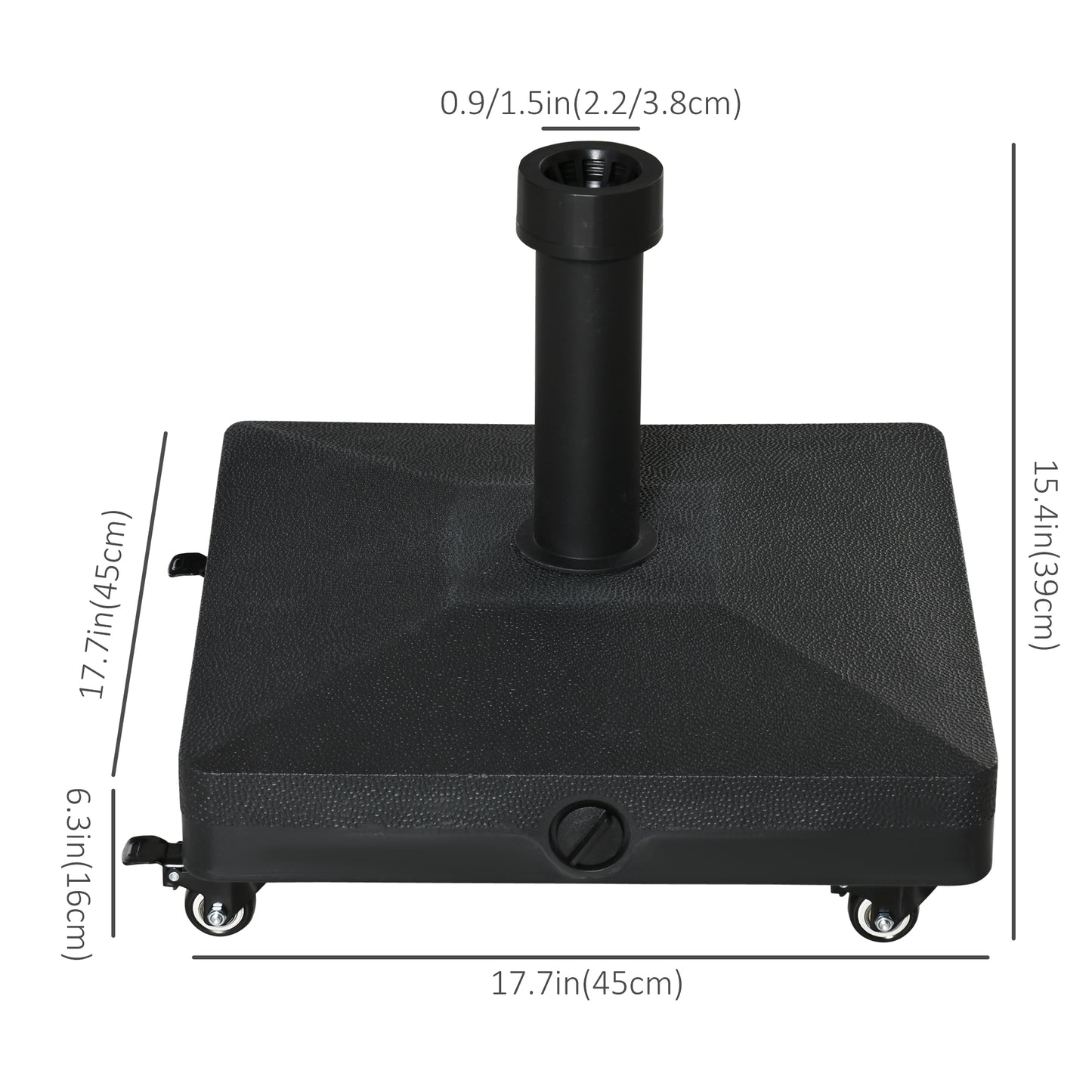 HDPE Square Parasol Base, Portable Umbrella Stand Weights for Cantilever Banana Parasol with Wheels, 35lbs with Water or 40lbs with Sand, for Φ0.75" to Φ1.5" Pole, Black