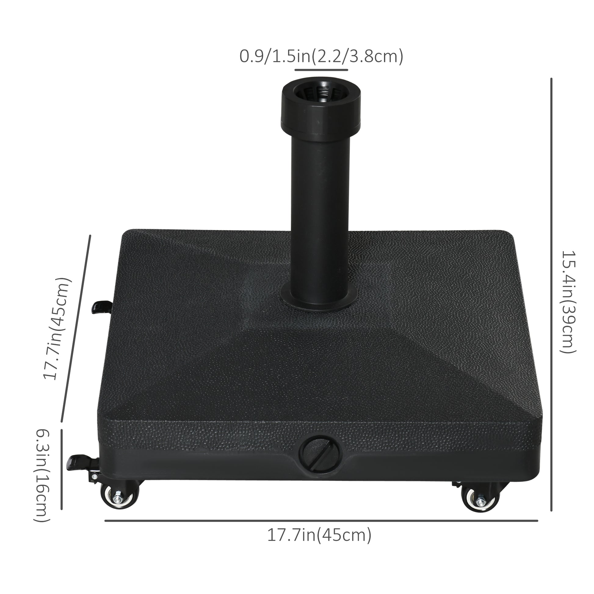 HDPE Square Parasol Base, Portable Umbrella Stand Weights for Cantilever Banana Parasol with Wheels, 35lbs with Water or 40lbs with Sand, for Φ0.75" to Φ1.5" Pole, Black