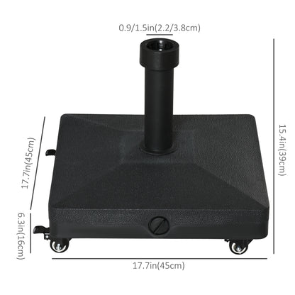 HDPE Square Parasol Base, Portable Umbrella Stand Weights for Cantilever Banana Parasol with Wheels, 35lbs with Water or 40lbs with Sand, for Φ0.75" to Φ1.5" Pole, Black