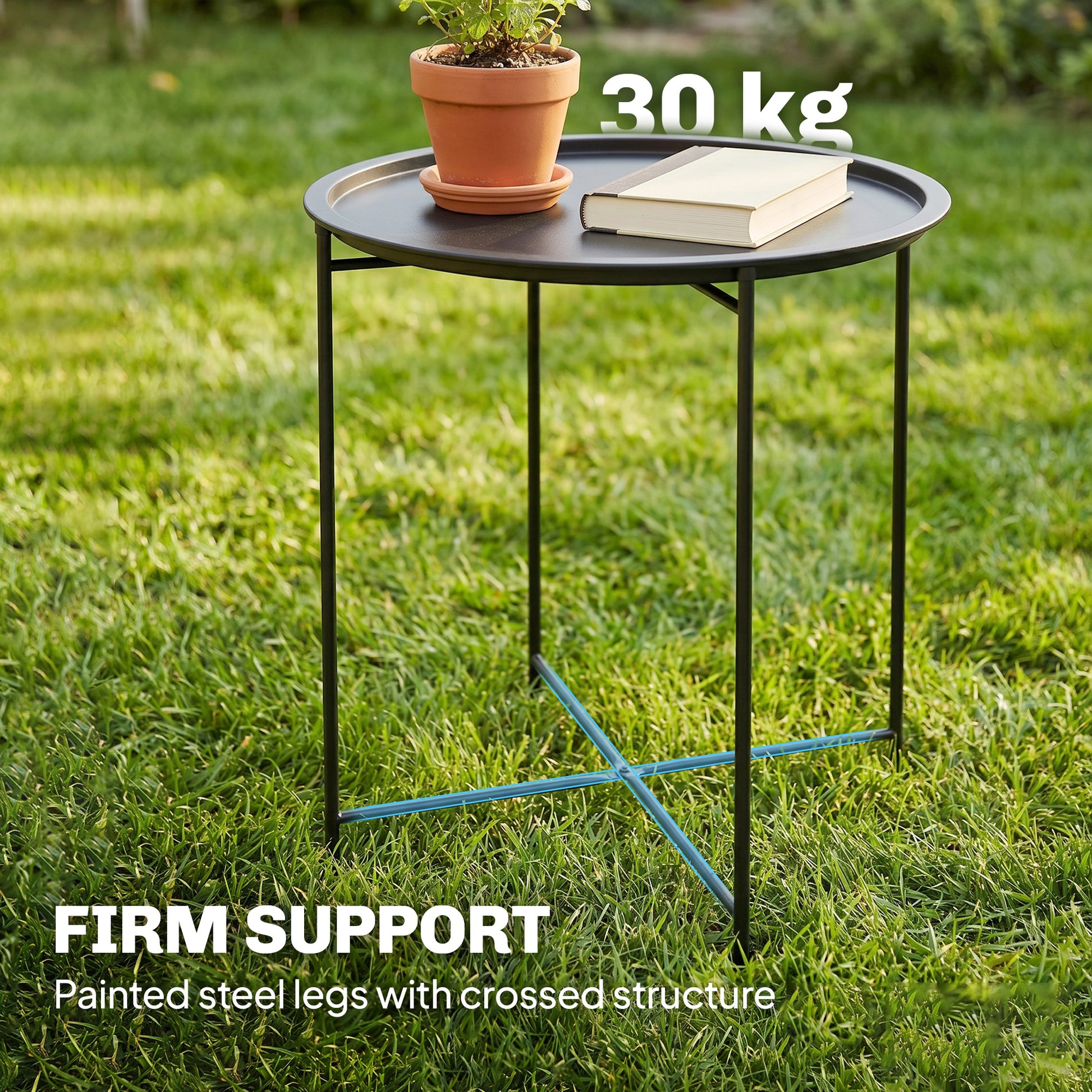 18" Outdoor Side Table with Removable Tray and Folding Legs, Indoor Outdoor for Balcony, Porch, Black