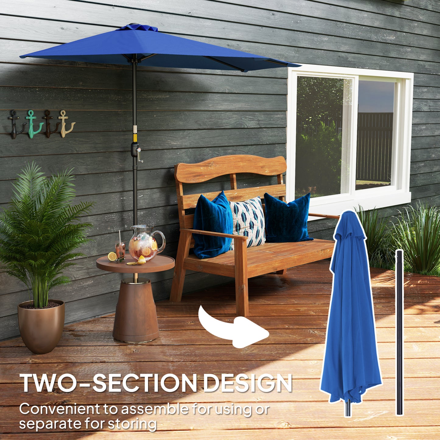 9ft Half Round Umbrella Outdoor Patio Garden Balcony Parasol Window Sun Shade w/ 5 Ribs, Deep Blue