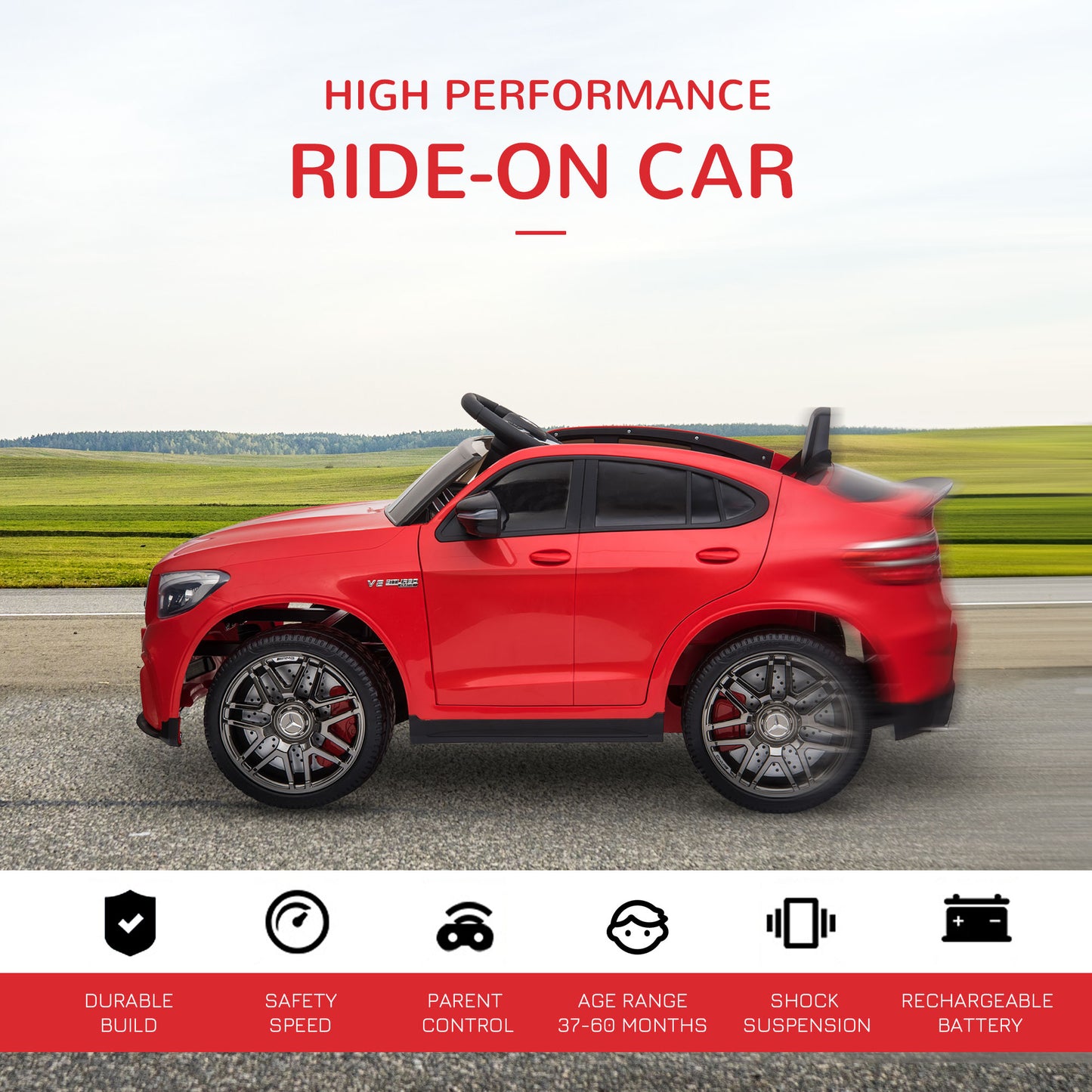 Aosom 12V/7AH Kids Ride on Car, Mercedes Benz AMG GLC63S Coupe, Electric Car with Remote Control, Handle, 2 Speed, with Music, Electric Light, Easy to Move, Red