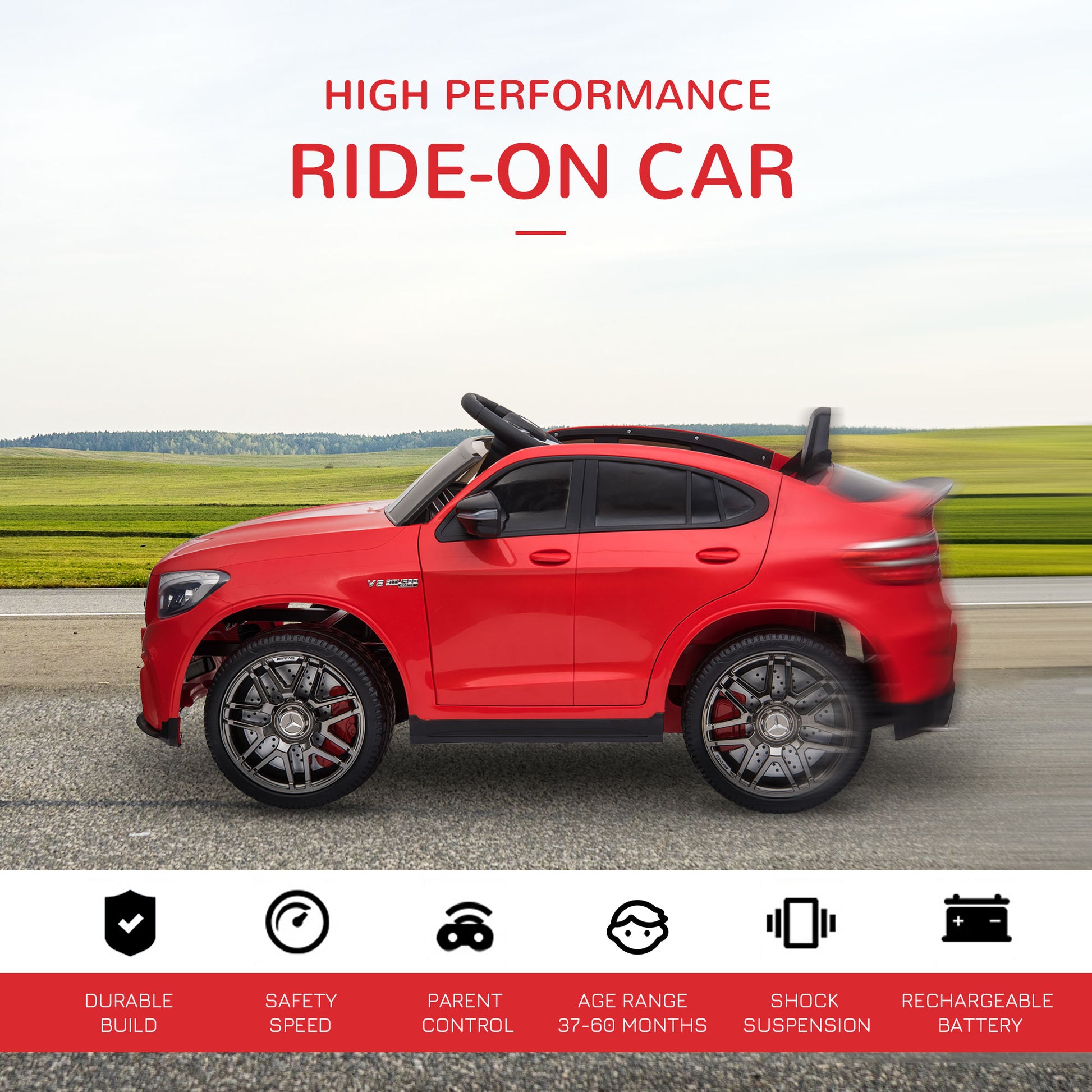 Aosom 12V/7AH Kids Ride on Car, Mercedes Benz AMG GLC63S Coupe, Electric Car with Remote Control, Handle, 2 Speed, with Music, Electric Light, Easy to Move, Red