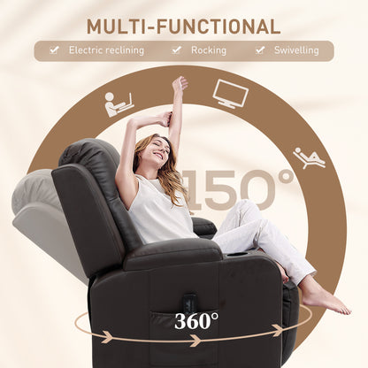 Swivel Massage Recliner Chair Rocker, Overstuffed Manual Reclining Sofa, PU Leather Rocking Chair with Side Pockets, Cup Holders, for Living Room, Nursery, Brown
