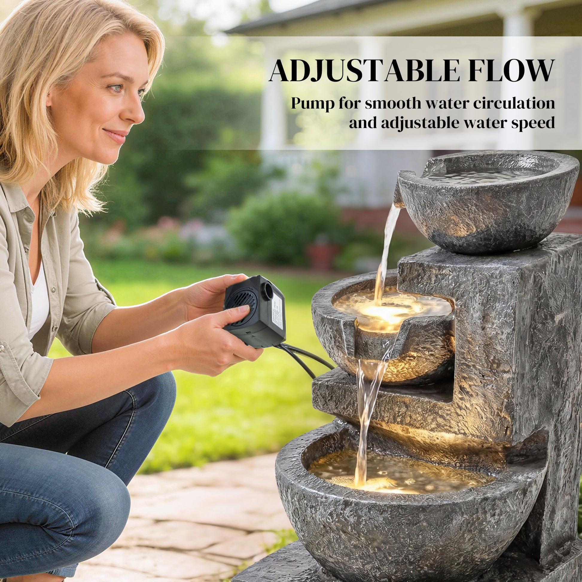 3-Tier Outdoor Water Fountain, Garden Waterfall Fountain with LED Lights and Pump, Indoor Freestanding Resin Waterfall