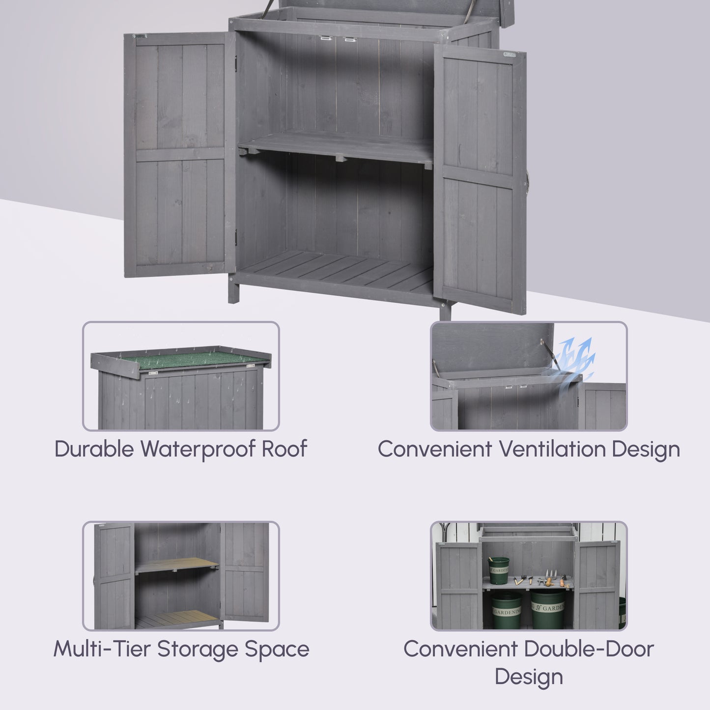 Wooden Garden Tool Storage Shed Kit with Hinged Roof, 2-Tier Shelves and Double Doors, 74x43x88cm, Dark Grey