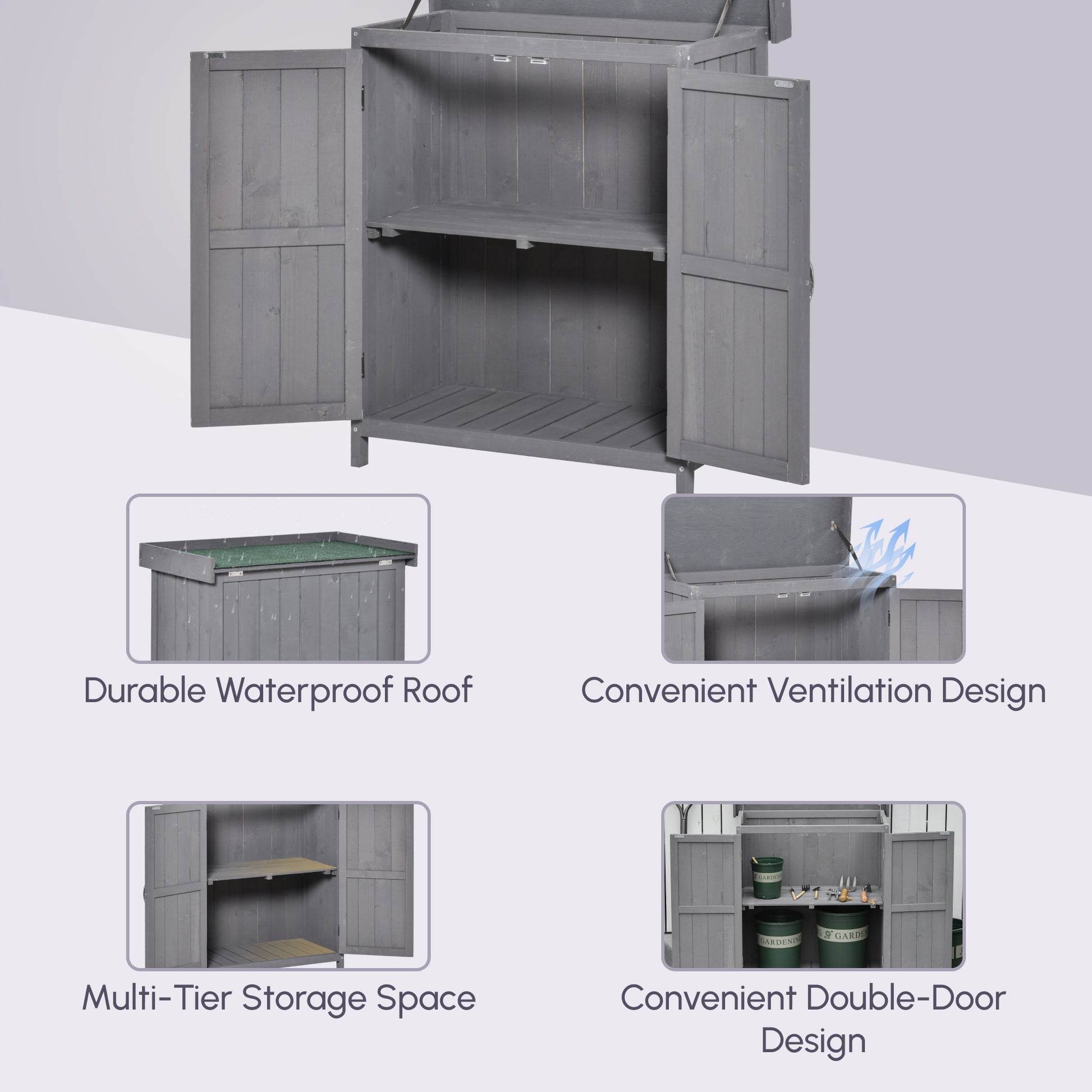 Wooden Garden Tool Storage Shed Kit with Hinged Roof, 2-Tier Shelves and Double Doors, 74x43x88cm, Dark Grey