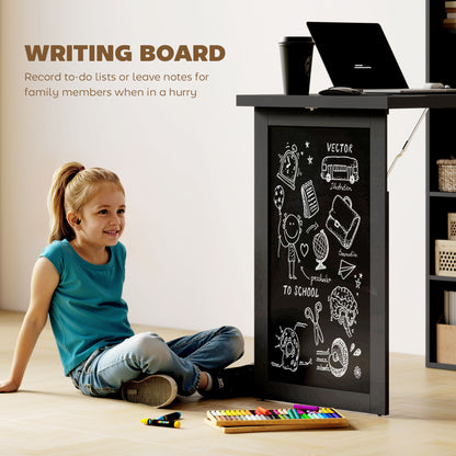 Fold-out Convertible Office Desk, Wall Mount Computer Desk with Blackboard and Side Shelf, Black