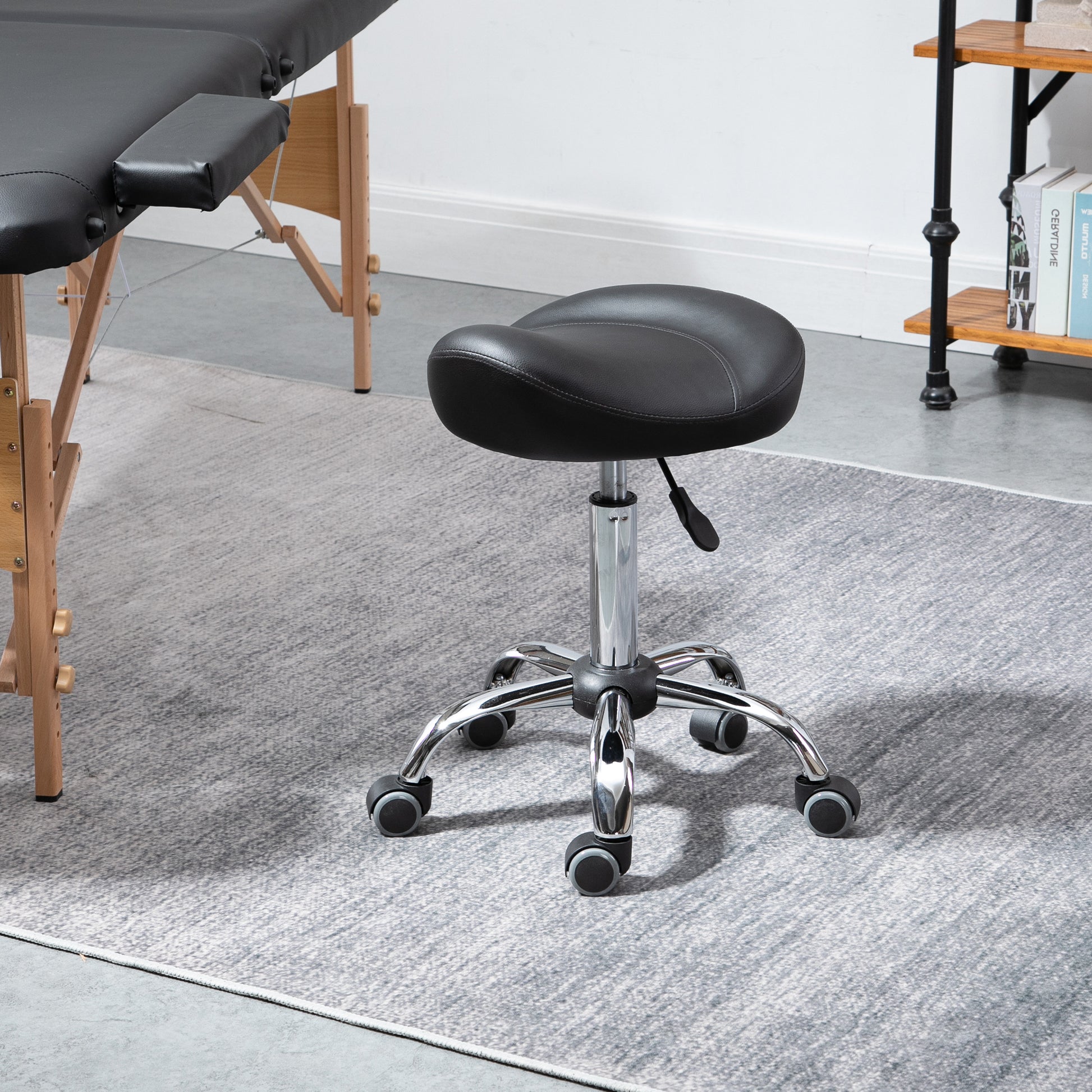 Saddle Stool, Height Adjustable Rolling Salon Chair with PU Leather for Massage, Spa, Clinic, Beauty and Tattoo, Black