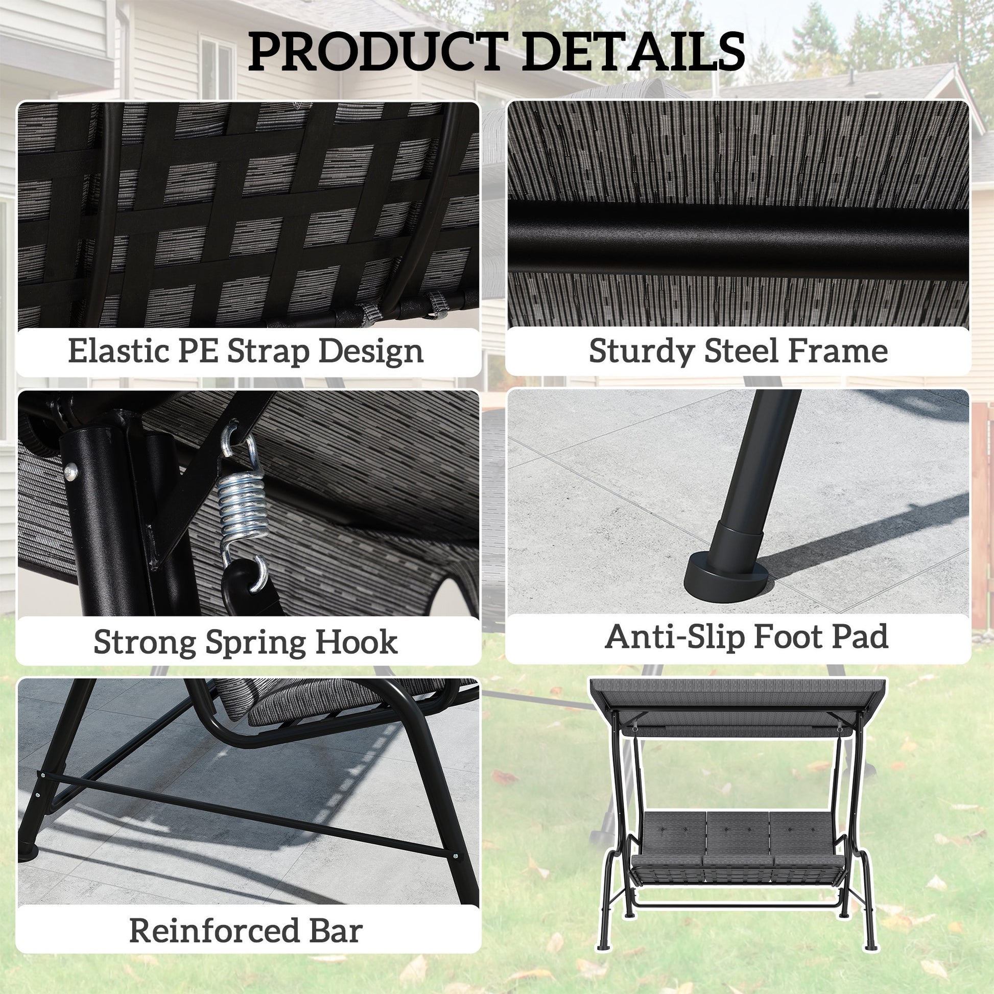 3-Person Porch Swing Chair, Patio Swing Bench with Adjustable Canopy, Removable Thicken Cushion and Weather Resistant Steel Frame for Outdoor, Garden, Poolside, Grey