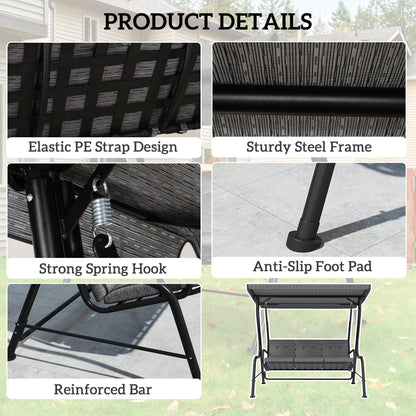 3-Person Porch Swing Chair, Patio Swing Bench with Adjustable Canopy, Removable Thicken Cushion and Weather Resistant Steel Frame for Outdoor, Garden, Poolside, Grey