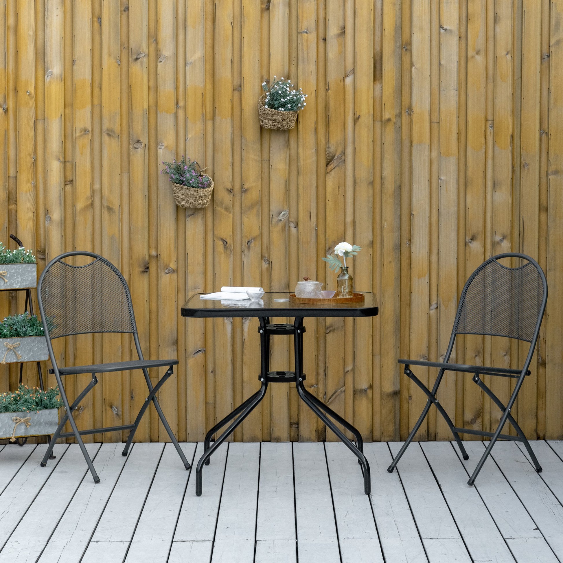 Square Patio Dining Table with Umbrella Hole Tempered Glass Top Outdoor Dining Table for Garden Balcony Black