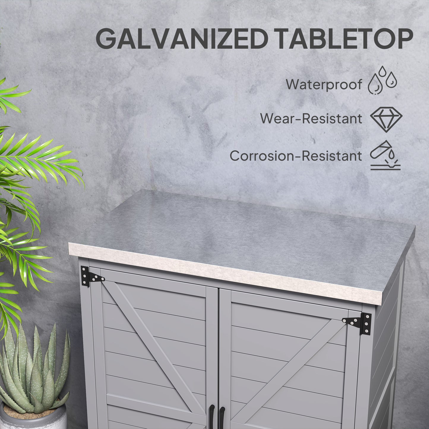 Garden Storage Cabinet, Outdoor Potting Bench Table with Metal Tabletop, Shelf and Double Doors, Grey