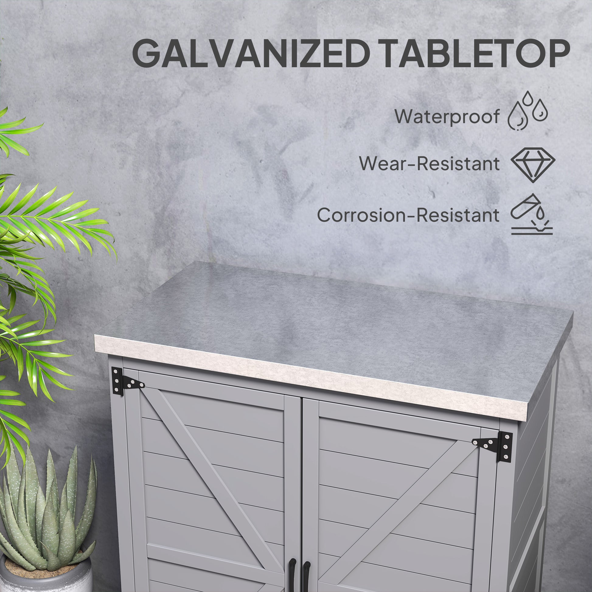 Garden Storage Cabinet, Outdoor Potting Bench Table with Metal Tabletop, Shelf and Double Doors, Grey