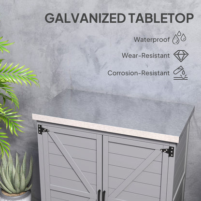Garden Storage Cabinet, Outdoor Potting Bench Table with Metal Tabletop, Shelf and Double Doors, Grey
