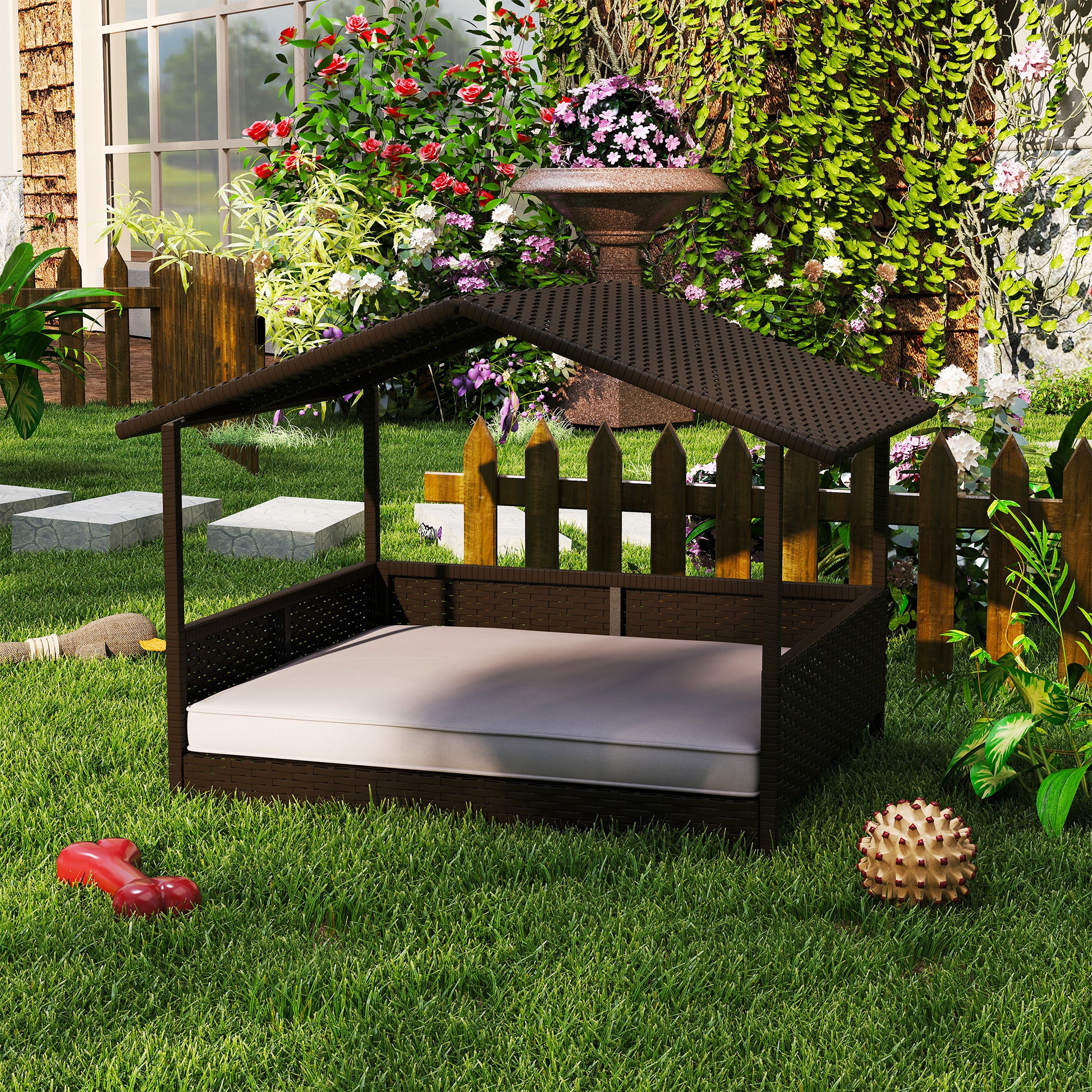 Elevated Rattan Dog House Outdoor with Canopy, Wicker Dog Bed with Water-Resistant Cushion, for Small and Medium Dogs Cream White