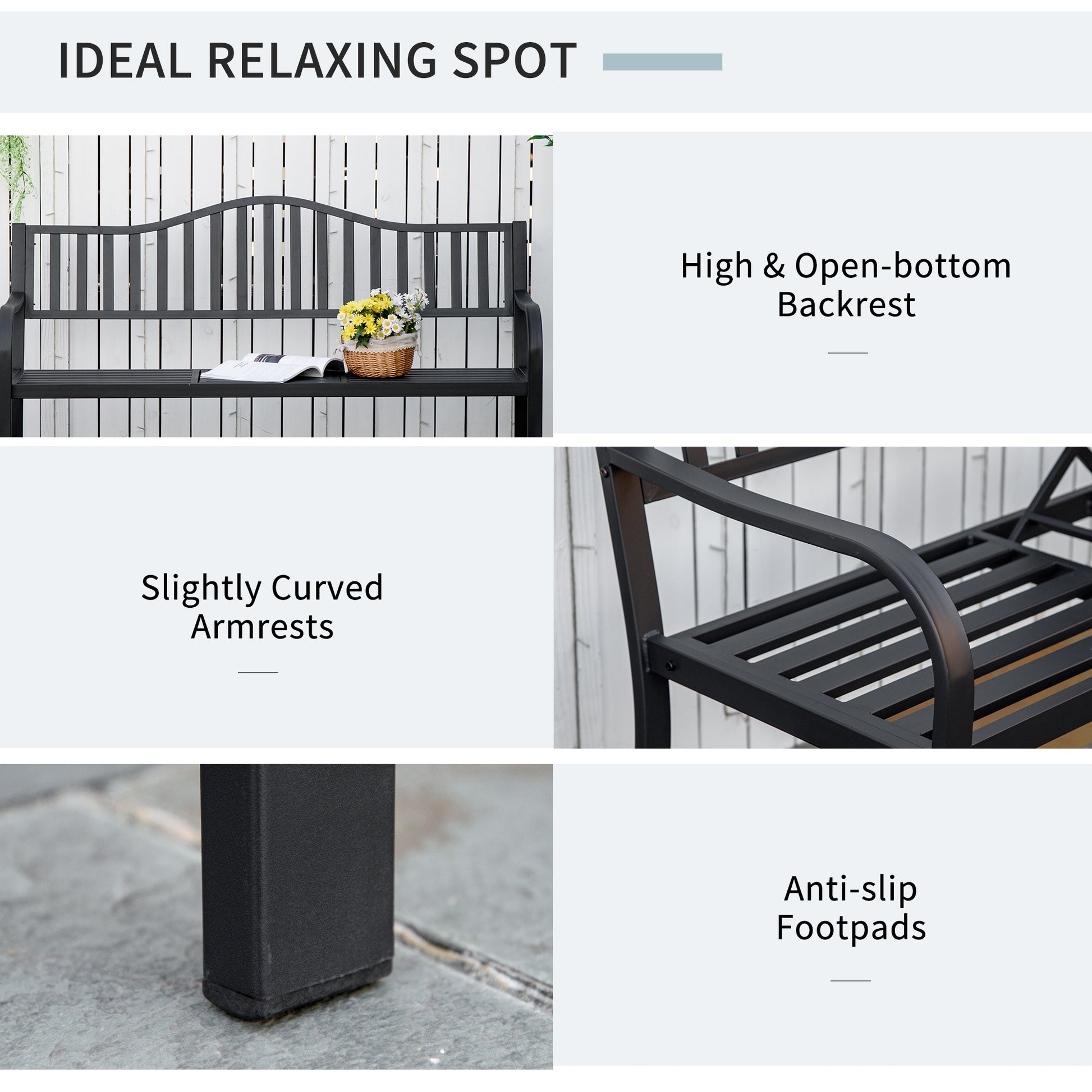 Metal Outdoor Bench with Liftable Middle Table, Patio Loveseat, Garden Bench for Lawn, Porch, Seats 2–3 People, Black