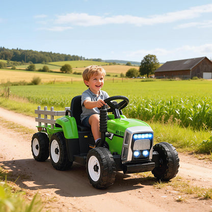 Aosom 12V Kids Ride on Tractor with Trailer, Battery Powered Electric Kids Car with Remote Control, Music Start up Sound and Horn, USB, LED Lights, Green