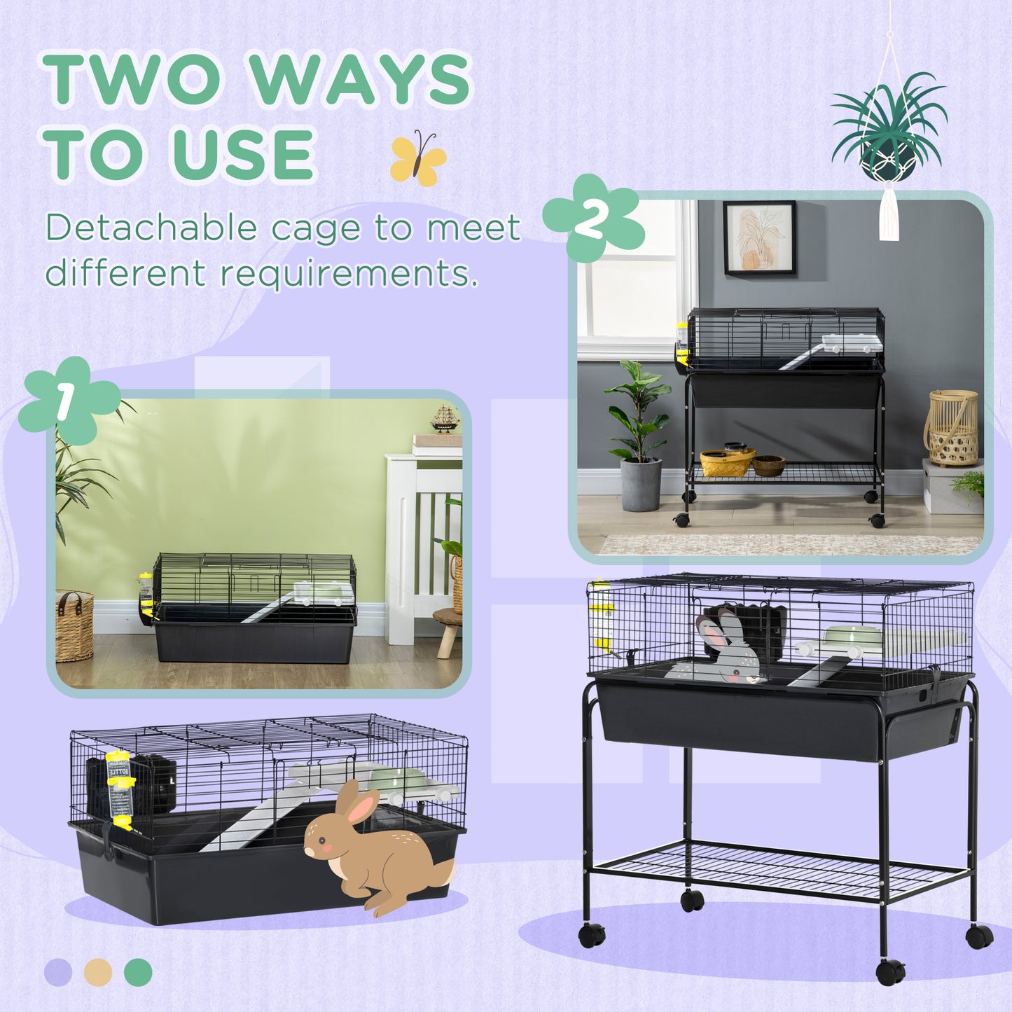35" Small Animal Cage Rolling Guinea Pig Cage with Detachable Stand, Water Dispenser, Food Dish, Ramp, Wheels, Dark Grey