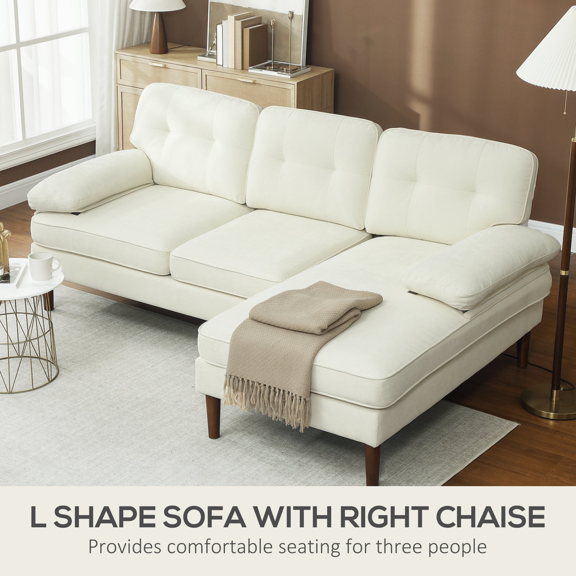 Modern Corner Couch with Right Chaise Lounge, Tufted 3-Seater Sofa with Wooden Legs for Living Room, Cream White
