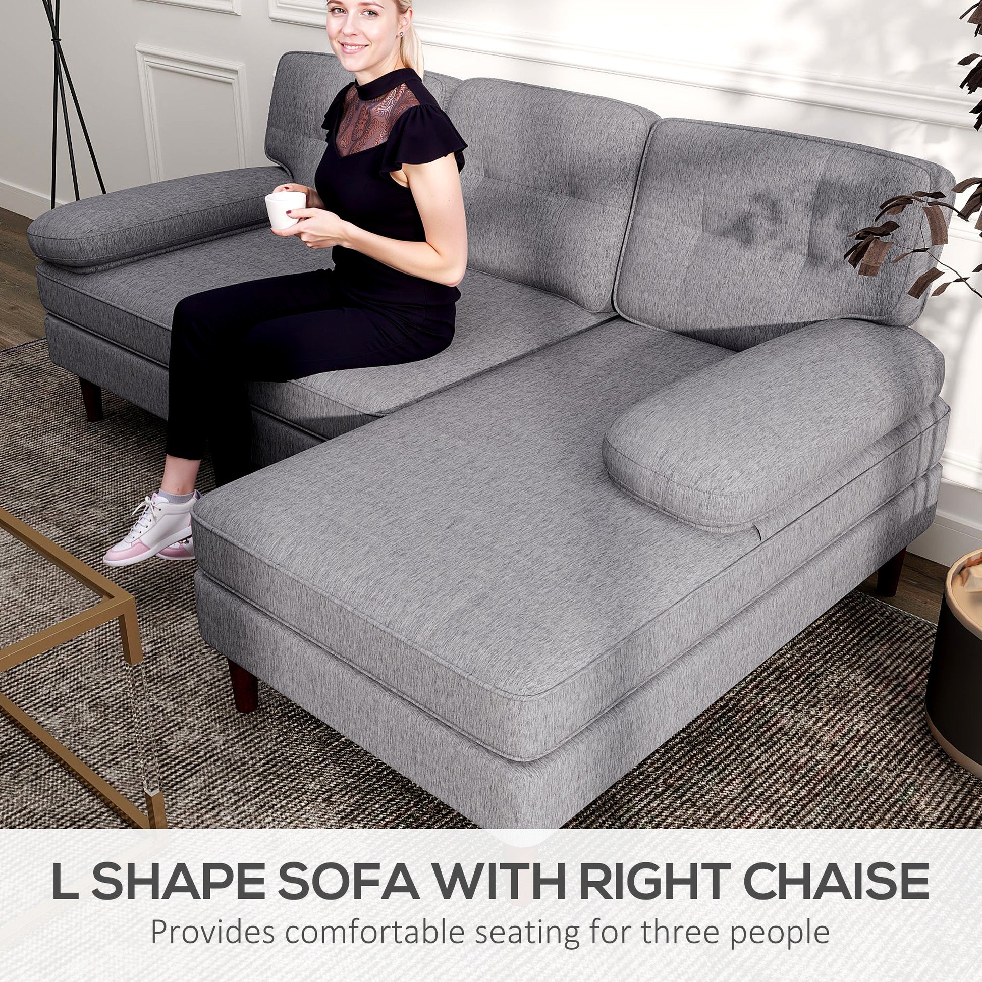 Modern Corner Couch with Right Chaise Lounge, Tufted 3-Seater Sofa with Wooden Legs for Living Room, Grey