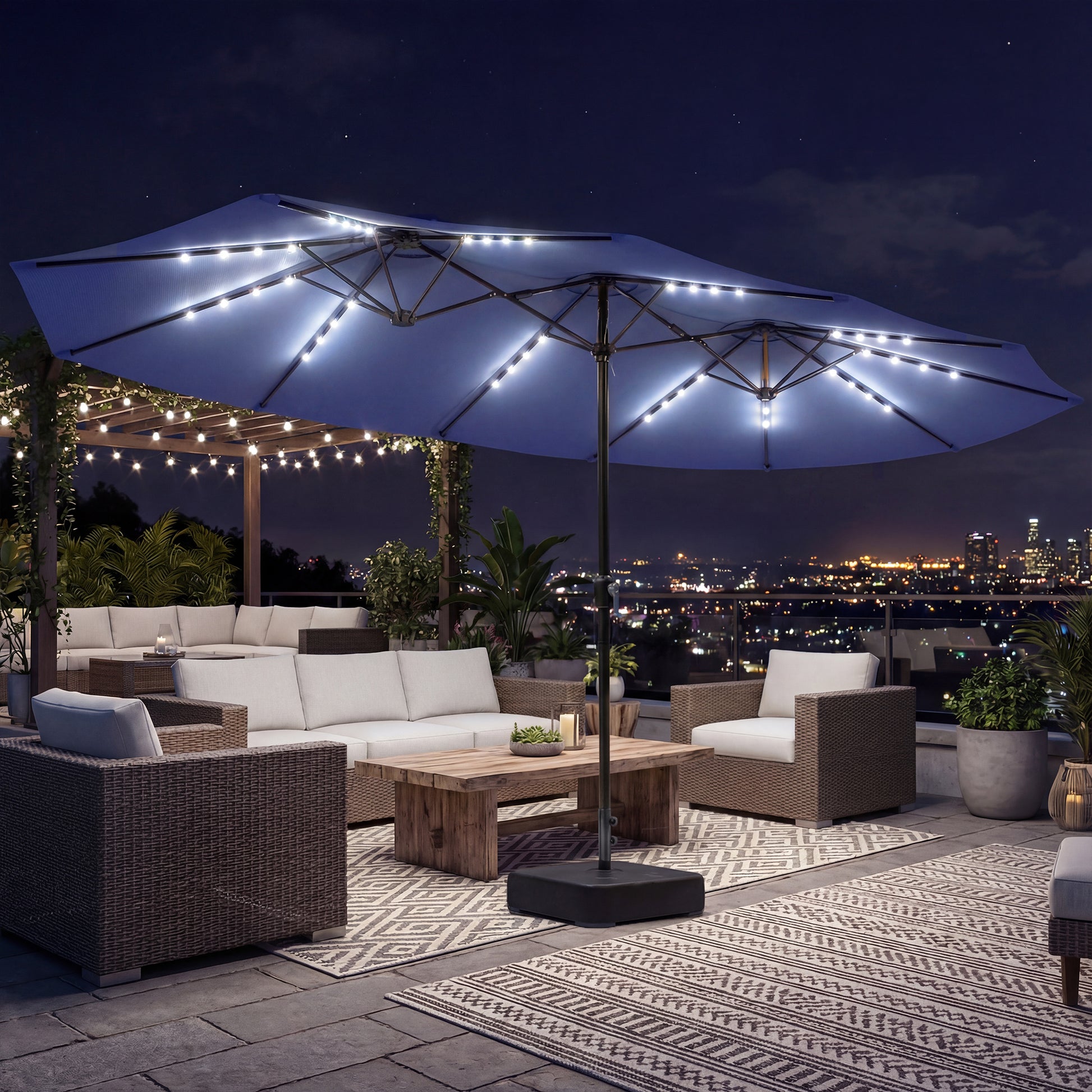 Double-sided Patio Umbrella with Base Included & 48 LED Lights 15ft Dark Blue