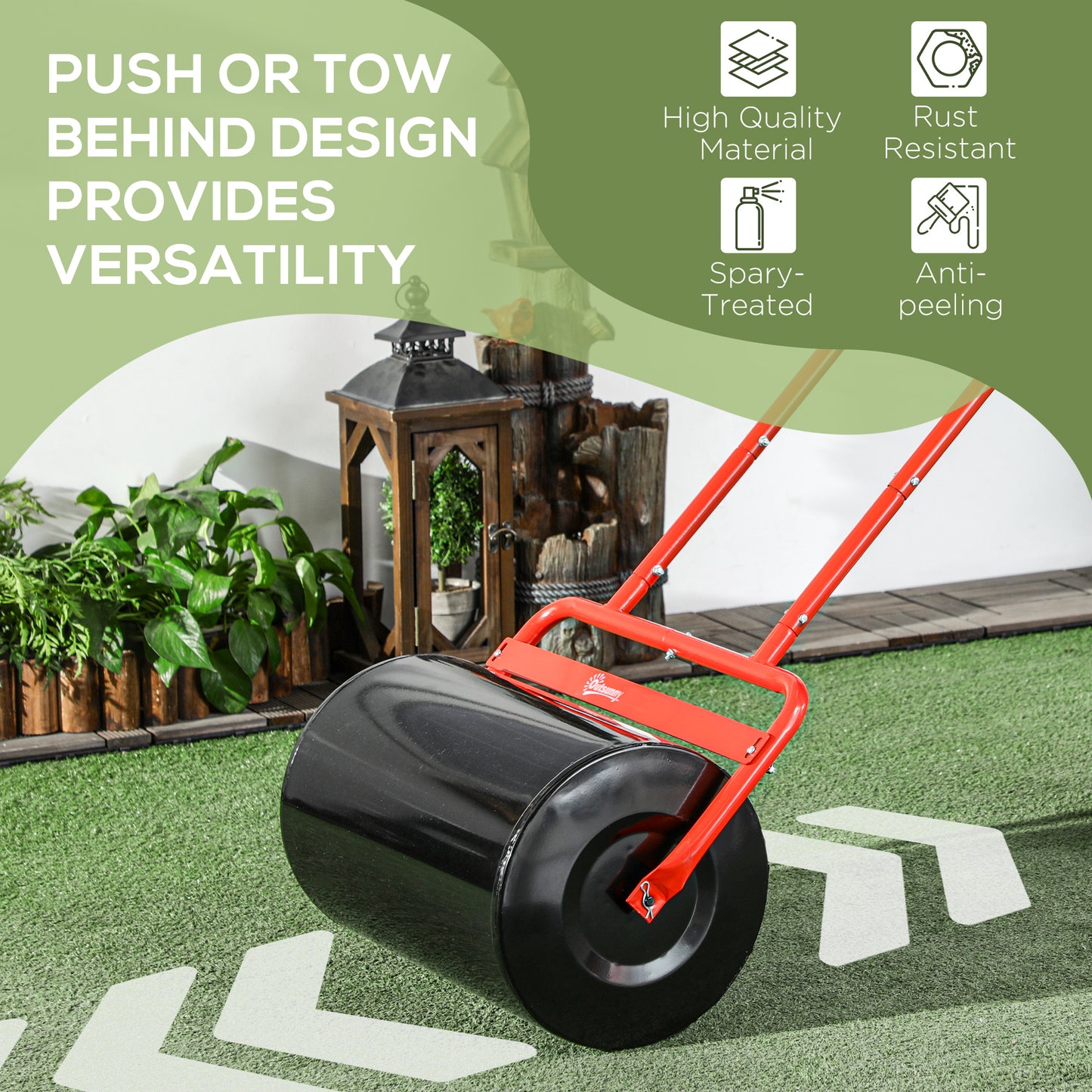 Heavy Duty Lawn Roller, 20" Push/Tow Behind Sod Roller, Grass Flattener Filled with 11gal Water/136lbs Sand, Red