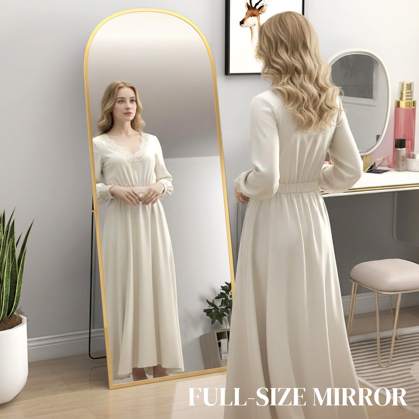 Arched Standing Mirror, 64" x 24" Full Length Mirror, Free Standing or Wall Mounted for Living Room, Bedroom, Gold