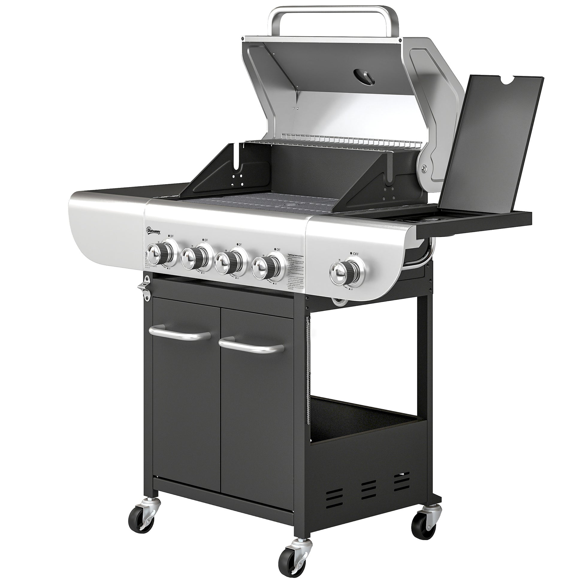 4 Burner Propane Gas Grill with Side Burner, 53,000 BTU BBQ Grill with Cast Iron Grates, Wheels, Warming Rack, Cabinet