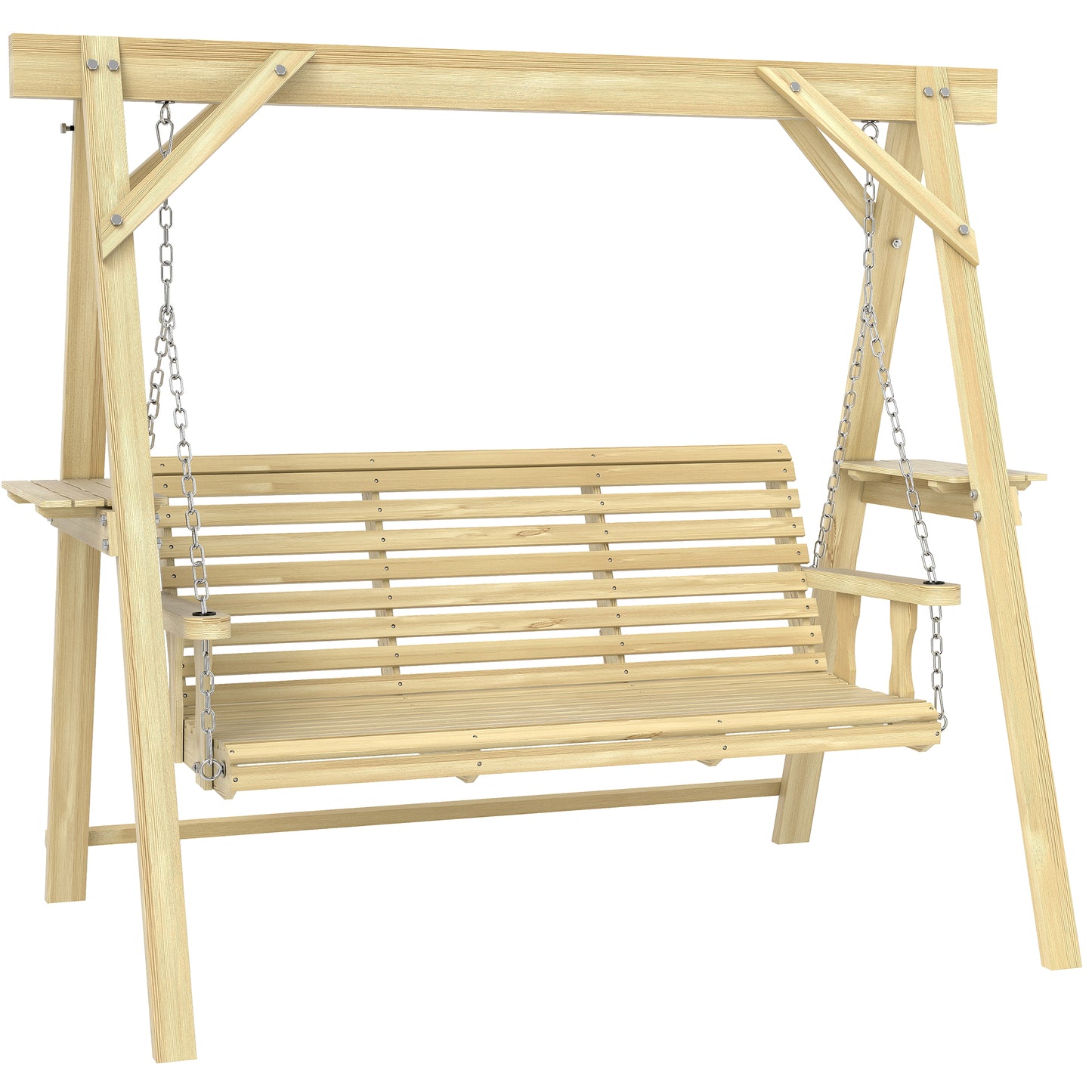 3 Seat Wooden Porch Swing with Stand, Patio Swing with Side Tables, for Garden, Poolside, Backyard, Natural Wood