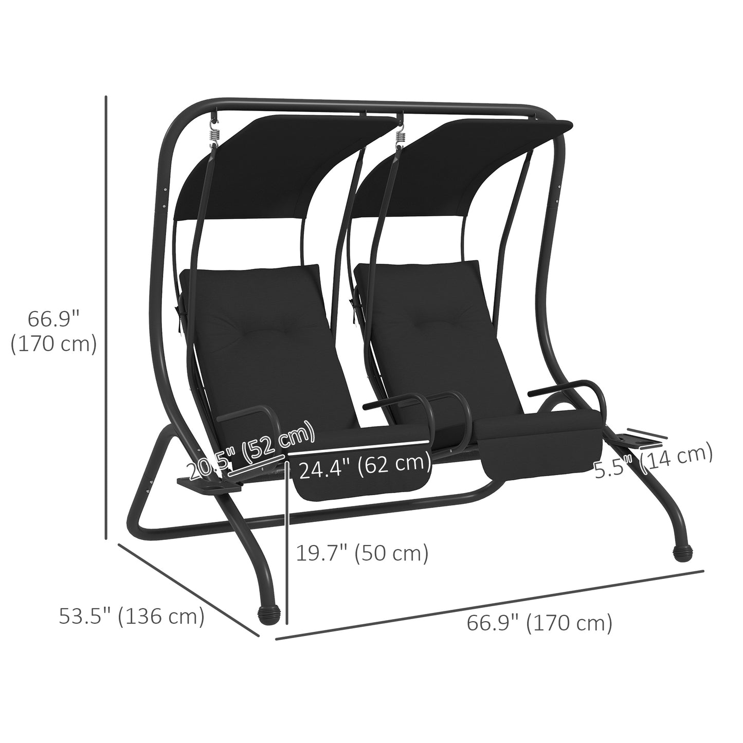 2-Seater Outdoor Porch Swing with Canopy, Patio Swing Chair for Garden, Poolside, Backyard, Black