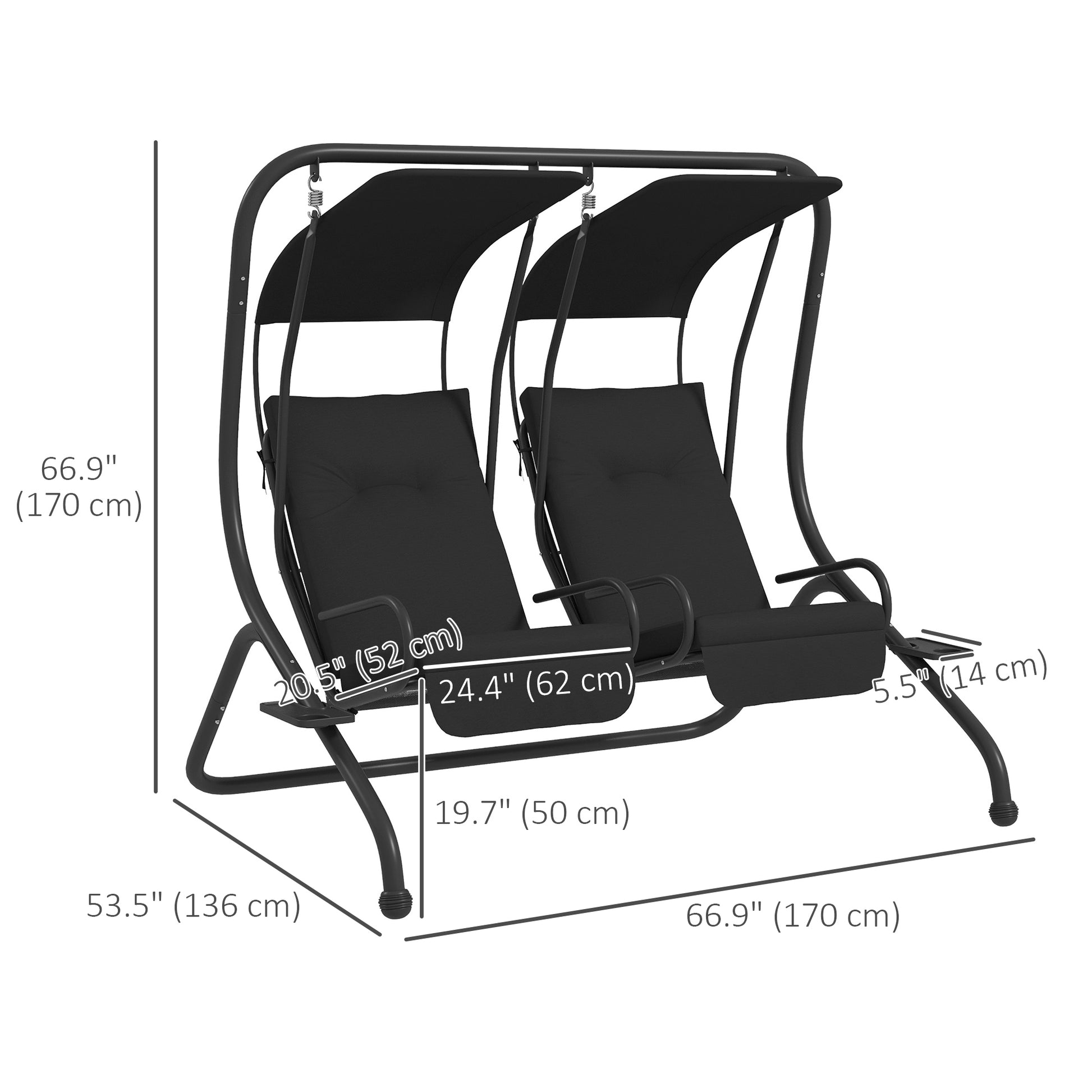 2-Seater Outdoor Porch Swing with Canopy, Patio Swing Chair for Garden, Poolside, Backyard, Black