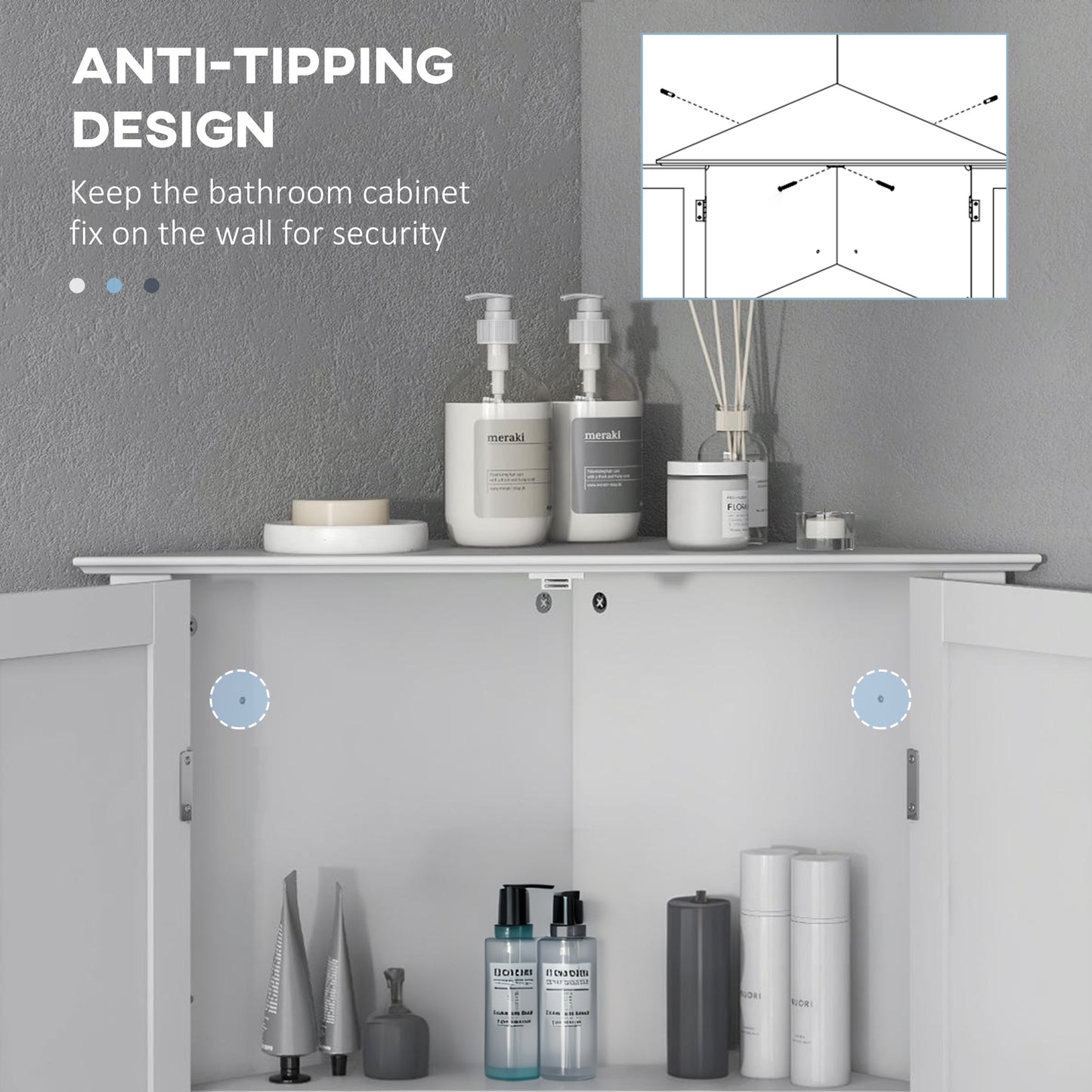 Modern Bathroom Storage Cabinet, Corner Cabinet with Doors, Bathroom Cabinet with Adjustable Shelf and Recessed Door, White