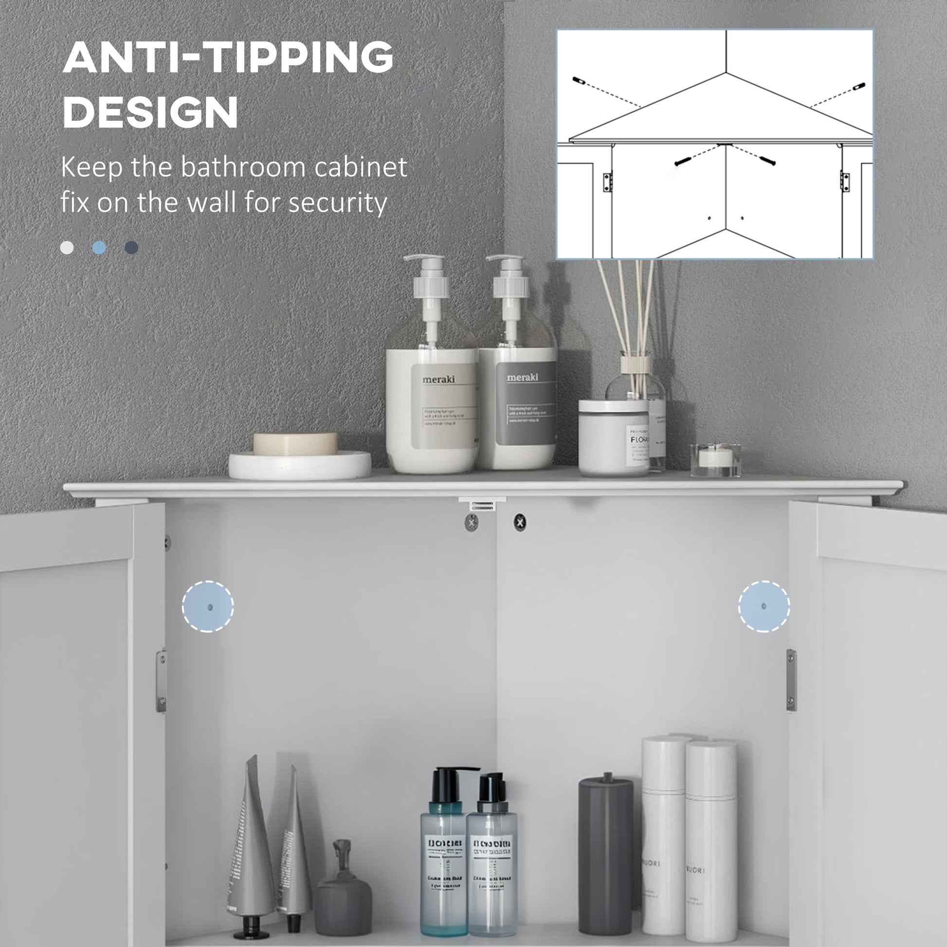 Modern Bathroom Storage Cabinet, Corner Cabinet with Doors, Bathroom Cabinet with Adjustable Shelf and Recessed Door, White