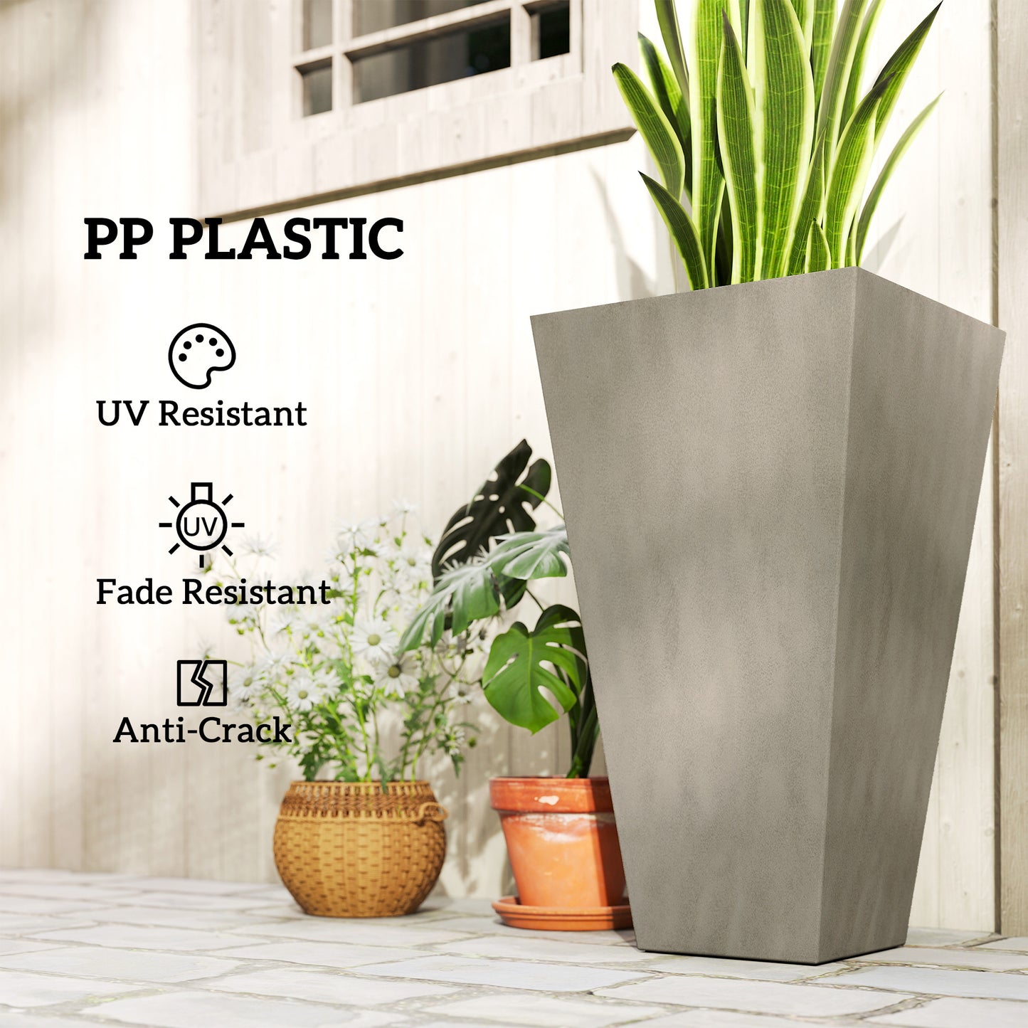 28" Tall Garden Plastic Planters, Outdoor and Indoor Flower Pots, Set of 3 for Entryway, Patio, Yard, Mixed Grey