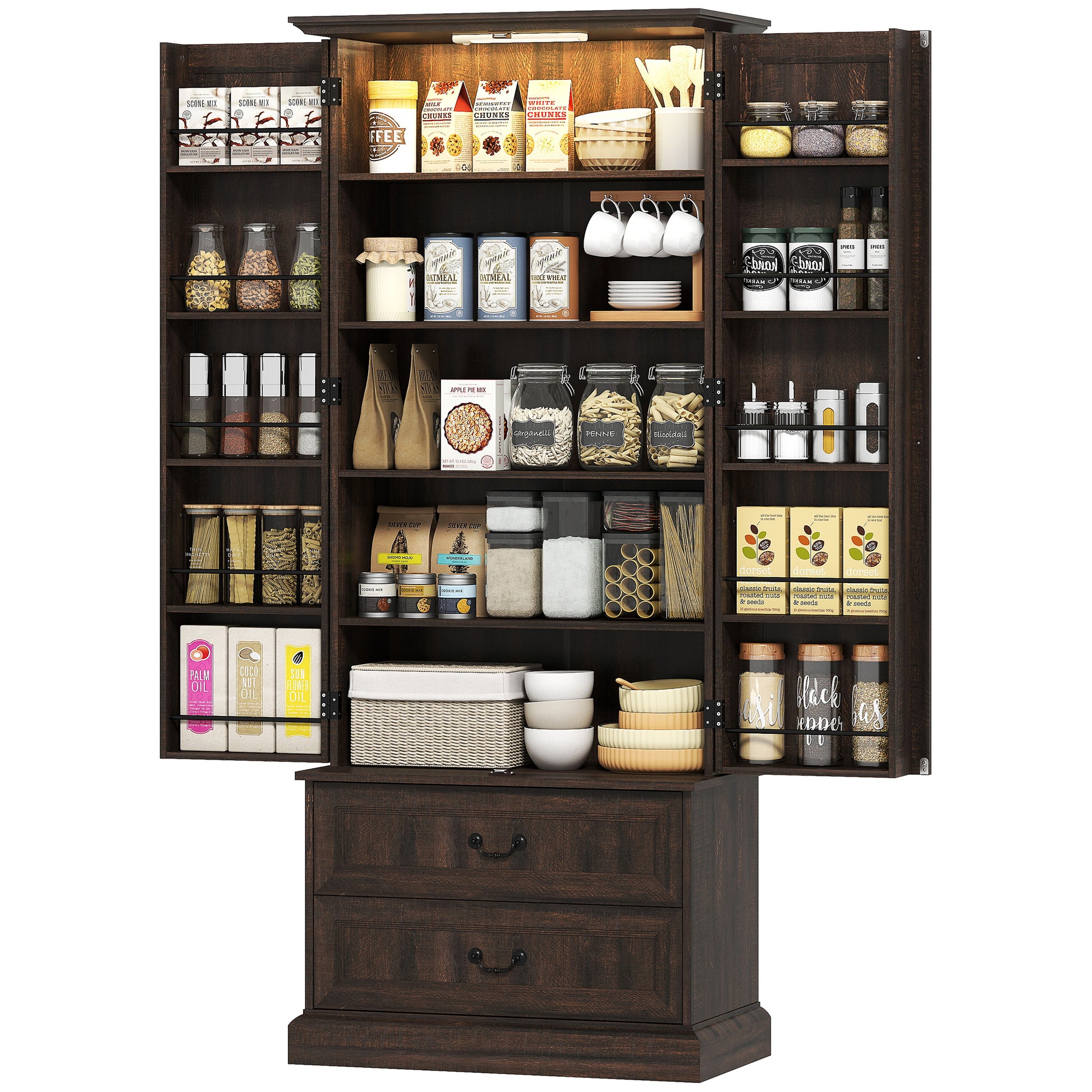 72" LED Kitchen Pantry Cabinet, Buffet Storage Cabinet with 10 Door Shelves, 2 Drawers and Adjustable Shelves, Brown