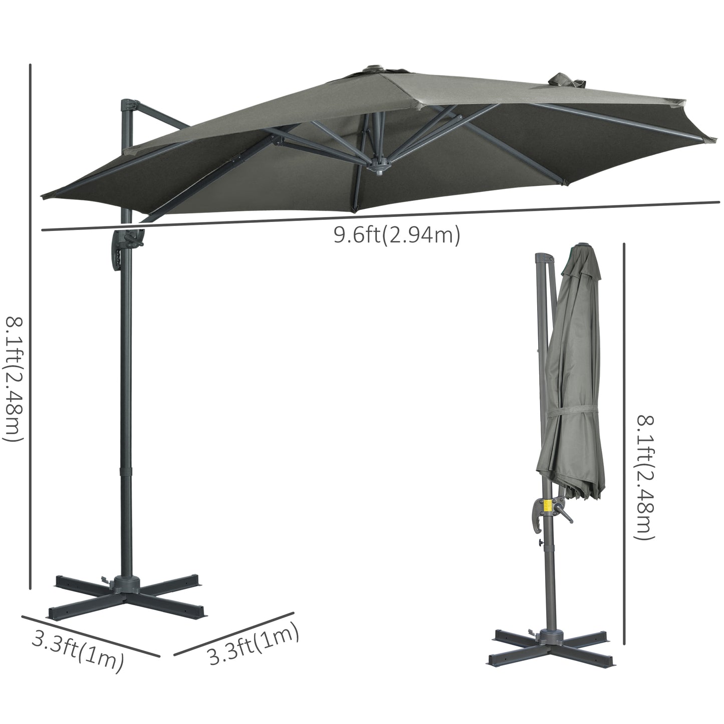 9.6' Cantilever Patio Umbrella Outdoor Hanging Offset Umbrella, Cross Base, 360° Rotation Aluminum Poles, Grey