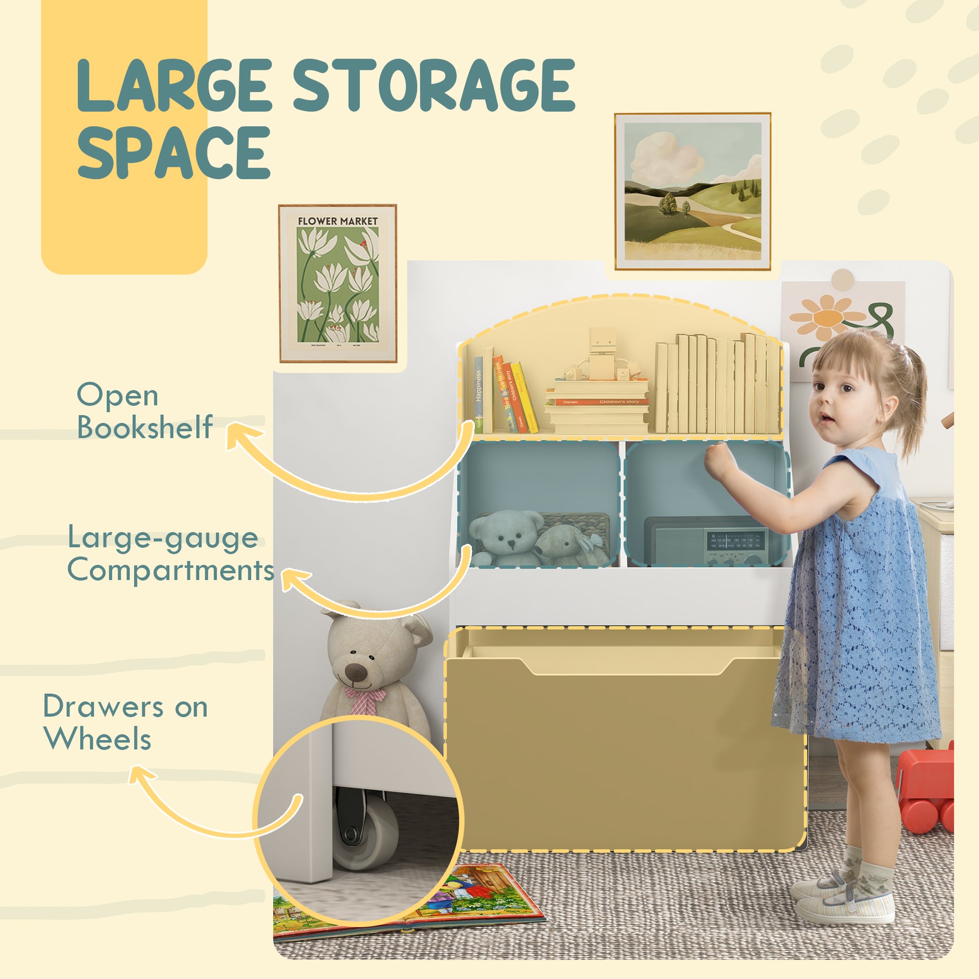 Qaba 3 Tier Kids Bookcase with Drawer, 2 Storage Compartment, for Nursery, Playroom, Bedroom, Classroom, White