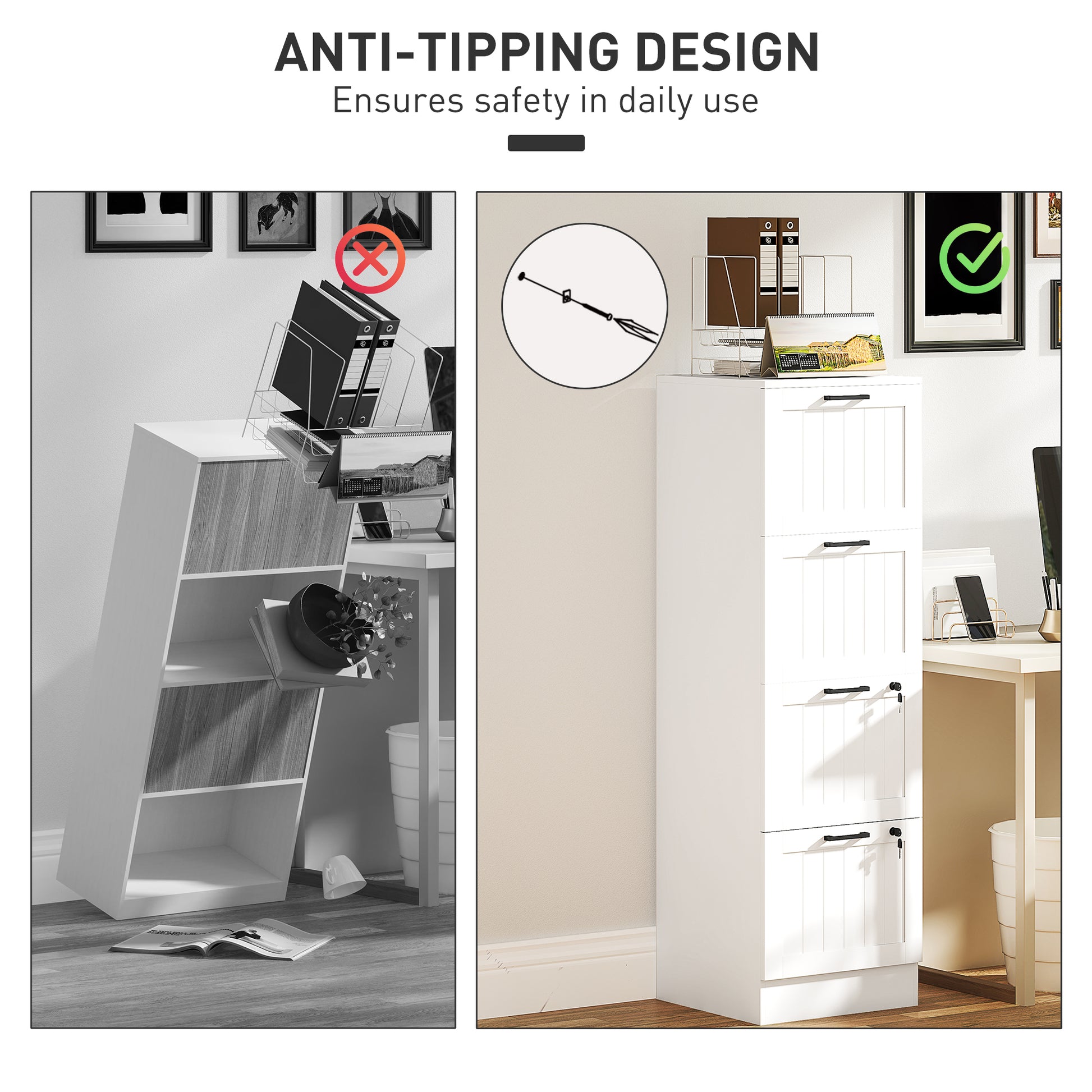 4 Drawer Filing Cabinet with Lock, Office Storage Cabinet with Adjustable Hanging Bars for A4 Letter Size Files, White