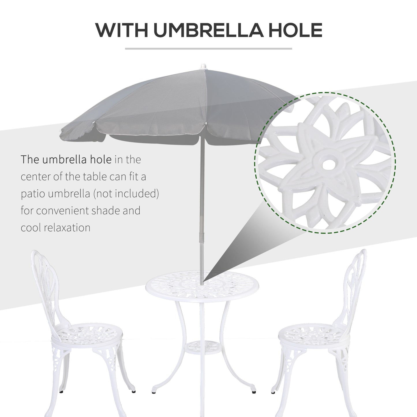 3 Pieces Patio Bistro Set, Outdoor Cast Aluminum Garden Table and Chairs with Umbrella Hole for Balcony, White
