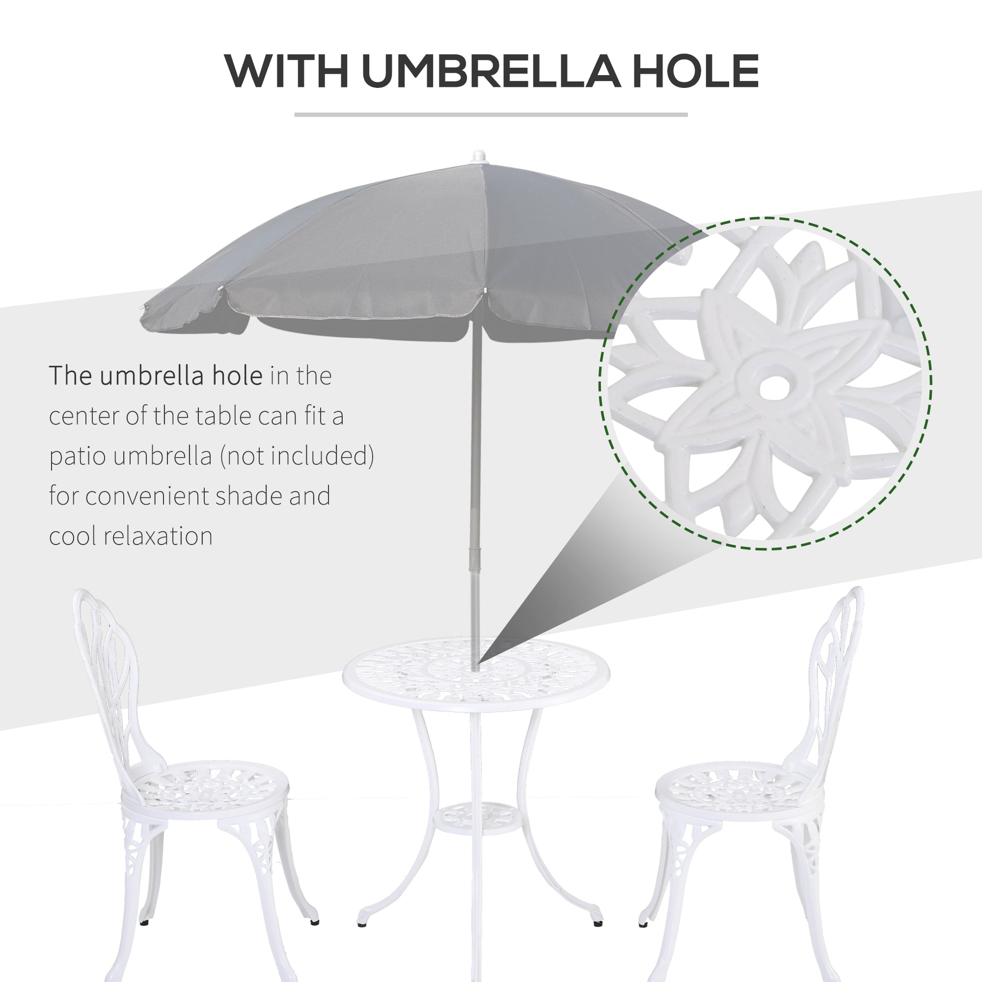 3 Pieces Patio Bistro Set, Outdoor Cast Aluminum Garden Table and Chairs with Umbrella Hole for Balcony, White