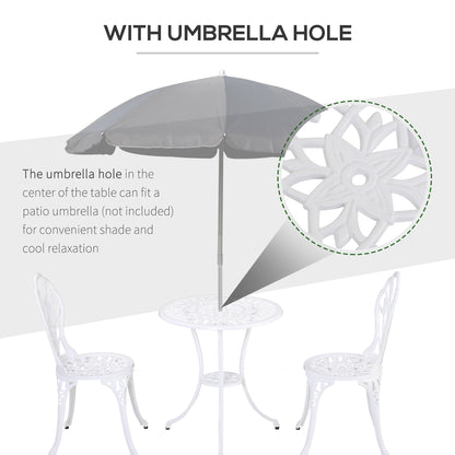 3 Pieces Patio Bistro Set, Outdoor Cast Aluminum Garden Table and Chairs with Umbrella Hole for Balcony, White