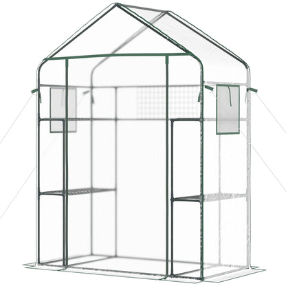 Walk-in Greenhouse with 4 Shelves, 56" x 29" x 77" Mini Greenhouse ,Roll-Up Door, Mesh Windows for Seedling, Flowers, Plant Growing, Clear