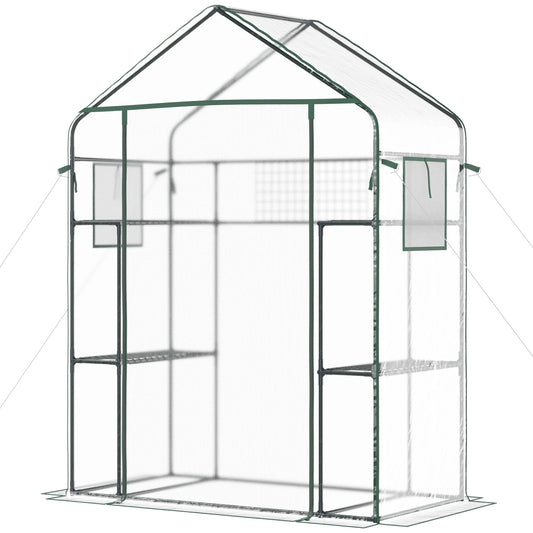 Walk-in Greenhouse with 4 Shelves, 56" x 29" x 77" Mini Greenhouse ,Roll-Up Door, Mesh Windows for Seedling, Flowers, Plant Growing, Clear