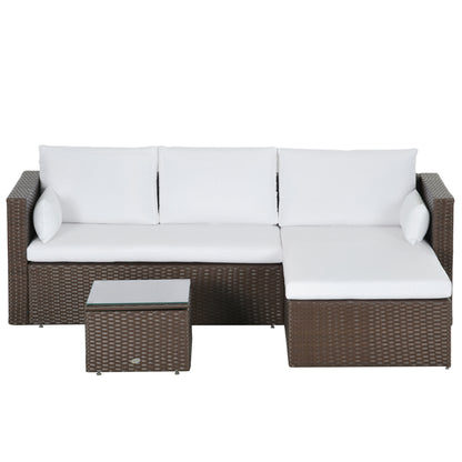 3pcs Modern Rattan Sofa Set, Wicker Patio Furniture Set with Coffee Table, Cushions, Pillows