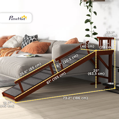 Wooden Dog Ramp for Large Dogs, 73" Long, with Non-slip Rug, Removable Guardrails for Couch, Bed, Brown