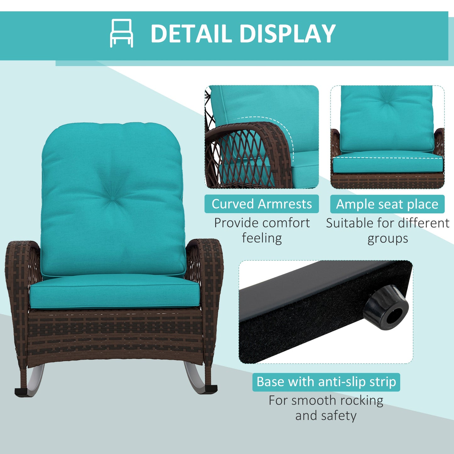 Outdoor Wicker Rattan Rocking Chair Patio Rocker with Thick Cushions for Garden Backyard Porch, Turquoise