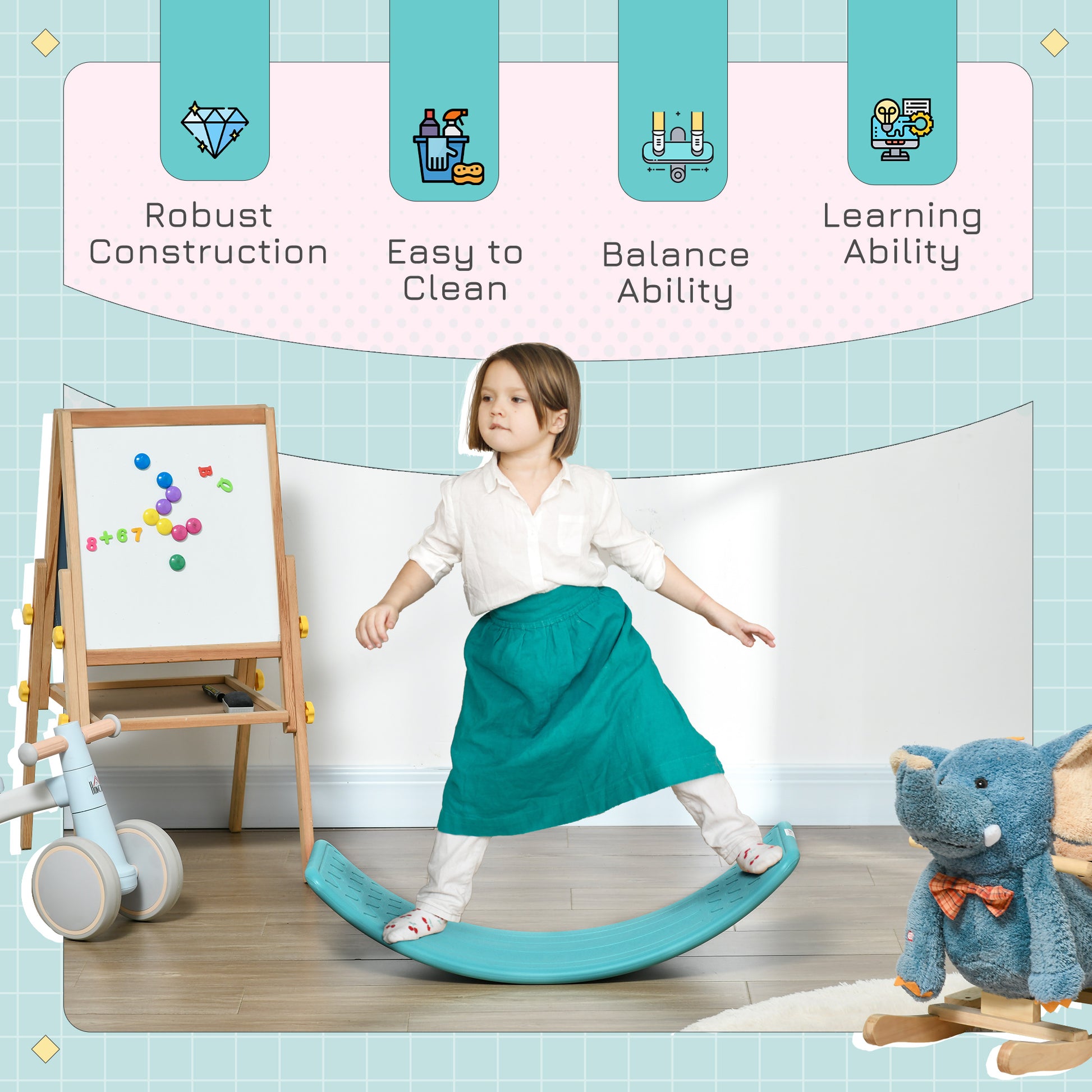 Qaba 32.3" Balance Board, Wobble Board Kids Curvy Rocker Board, Ended Preschool Learning Montessori Waldorf Toy, Ages for 3-6 Years Old, Blue
