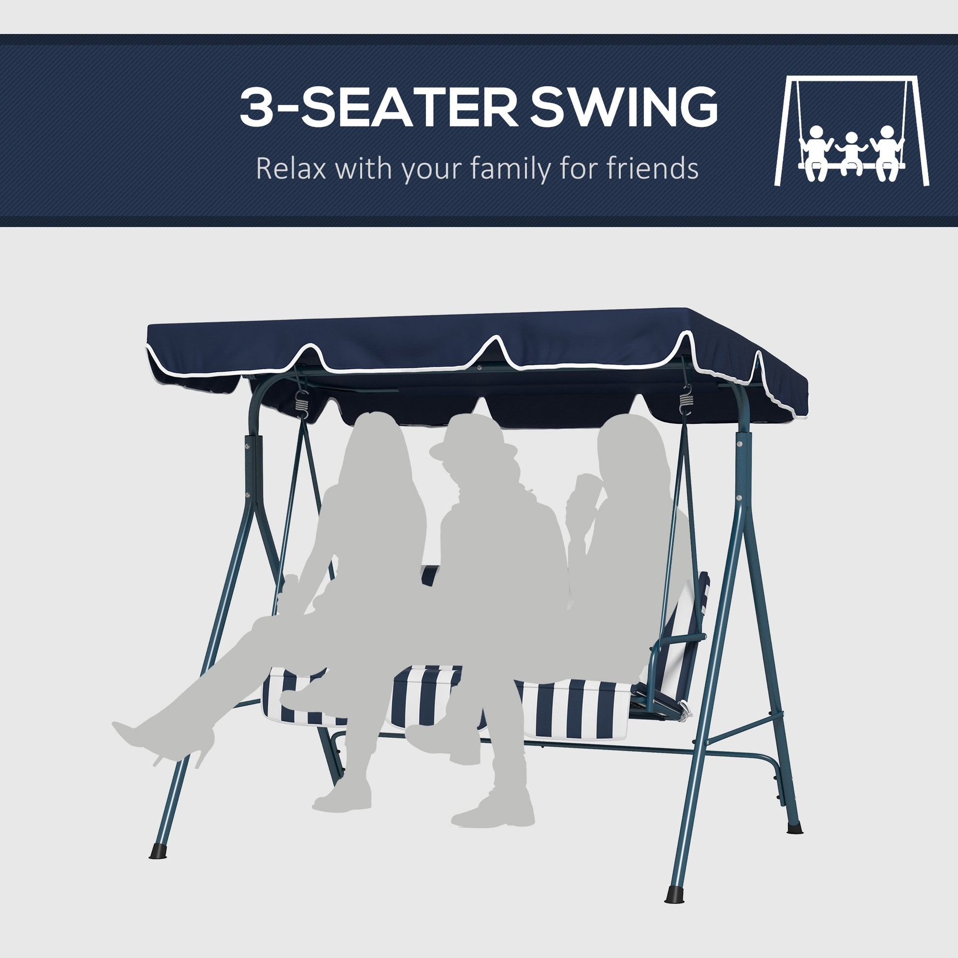 3-Seater Outdoor Porch Swing with Adjustable Canopy, Patio Swing Chair for Garden, Poolside, Backyard, Blue and White